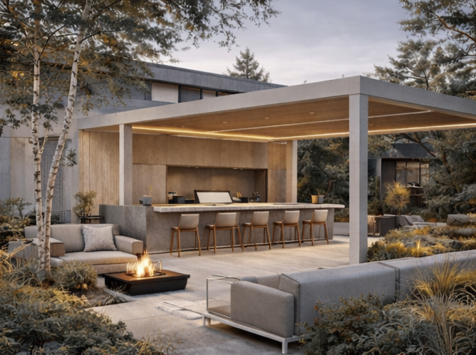 Ulkoilmaravintola terassi pihalla, moderni arkkitehtuuri, sohvaryhmät, ulkotakka eteen, pergola, ulkokeittiö takana,viherkasveja ja puita ympärillä