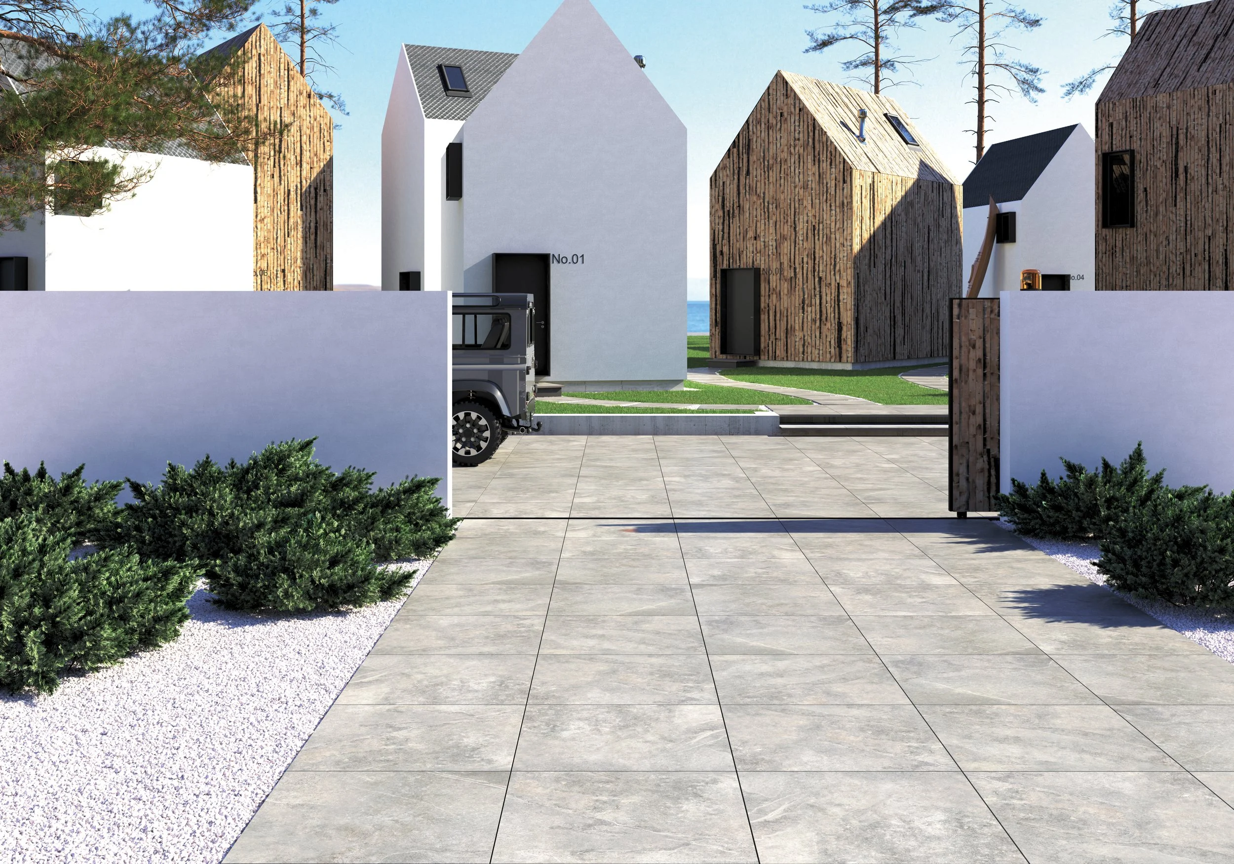 Moderni pihapiiri, jossa kevyet harmaat tiililaatat ja pieniä vihreitä pensaikkoja, ympäröi valkoiset ja puuverhoillut talot, avoin portti.