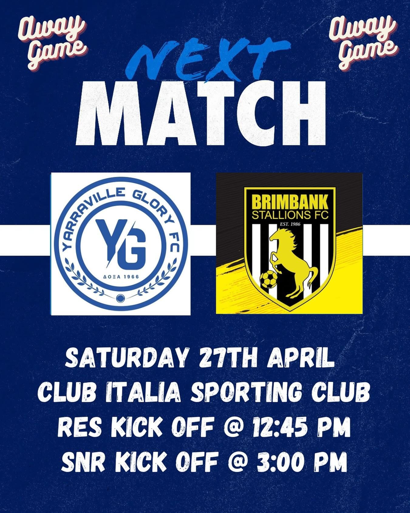 Come and watch our senior men&rsquo;s teams as we travel to Brimbank Stallions FC.  Reserves start at the earlier than usual time of 12:45pm with seniors at 3pm #doxa #glory #ygfc