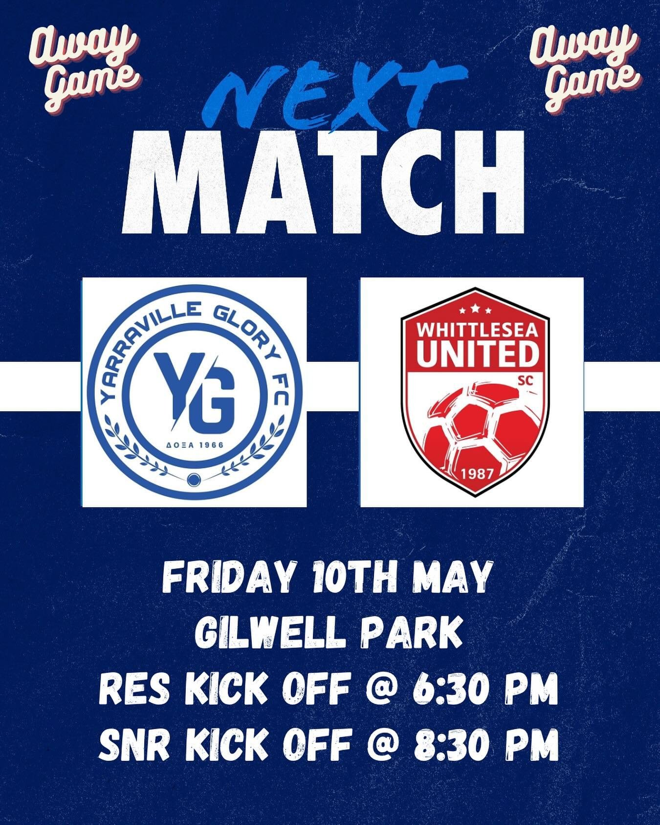 Our seniors men and reserve teams are away this week playing Whittlesea United SC on Friday night.  The reserves start at 6:30pm with the seniors at 8:3pm so get and get watch #glory #ygfc #doxa