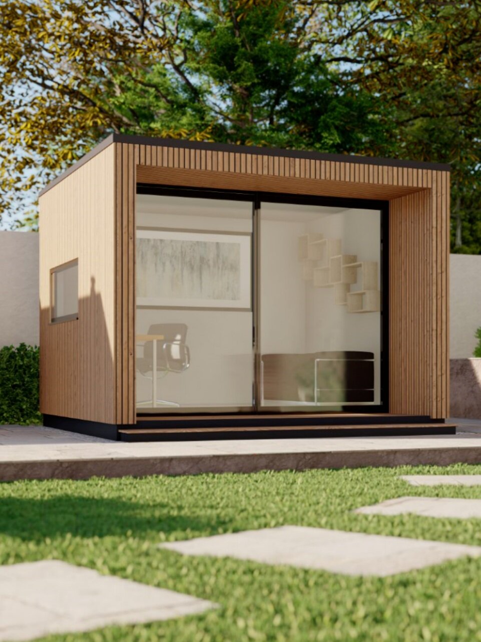 Modern wooden garden office with large glass doors, surrounded by greenery and trees.