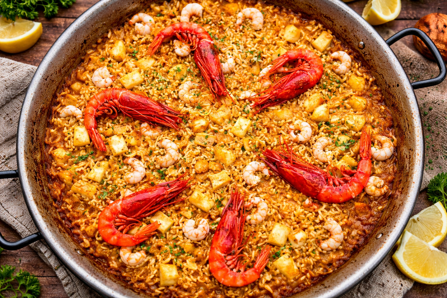 Traditional seafood paella with prawns and shrimp prepared by private chef in Mallorca, authentic Spanish rice dish for luxury villa catering and private dining events.