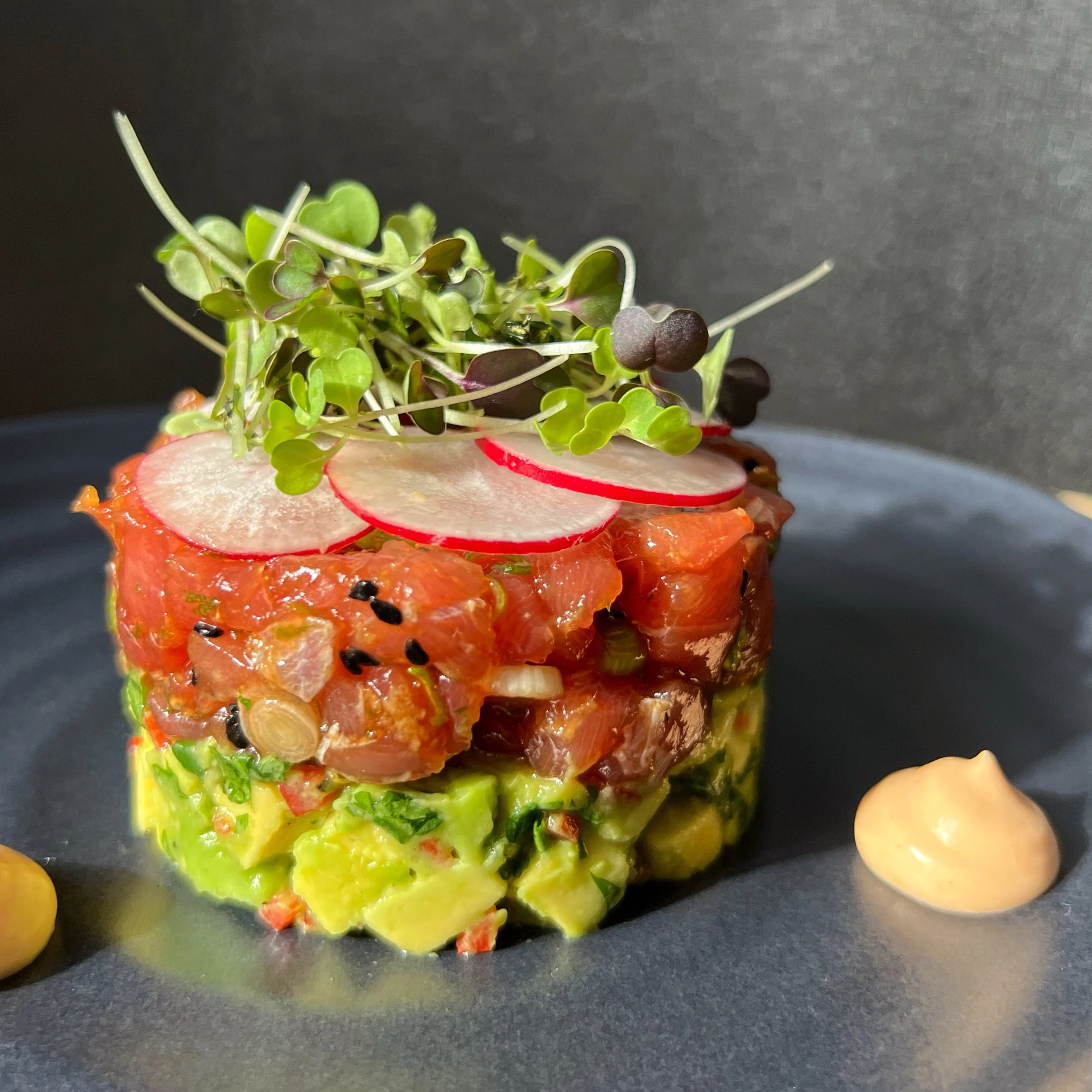 Salmon tartare with avocado, radish and microgreens, prepared by a private chef in Mallorca