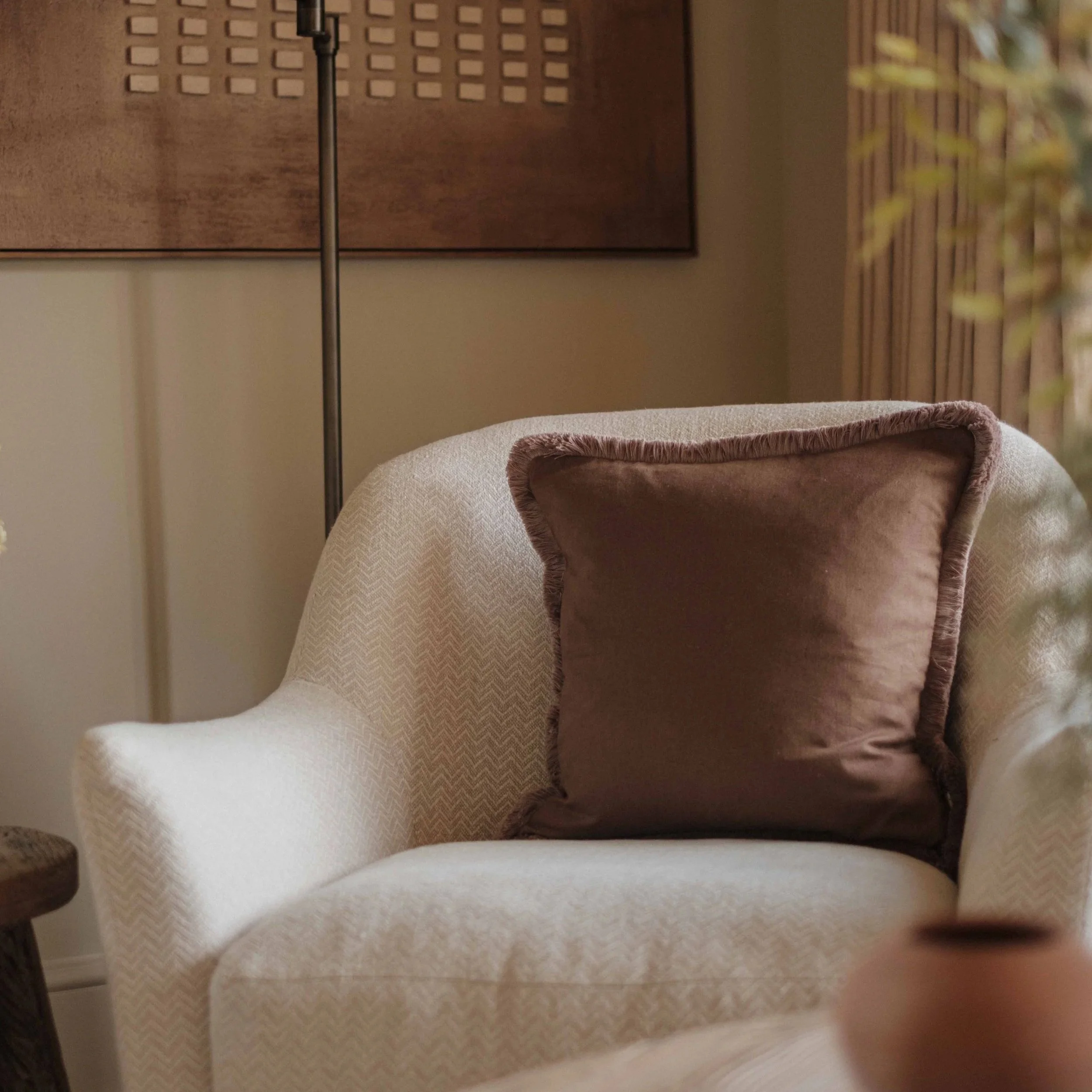 Freya - Brown Linen Cushion with Taupe Fringing