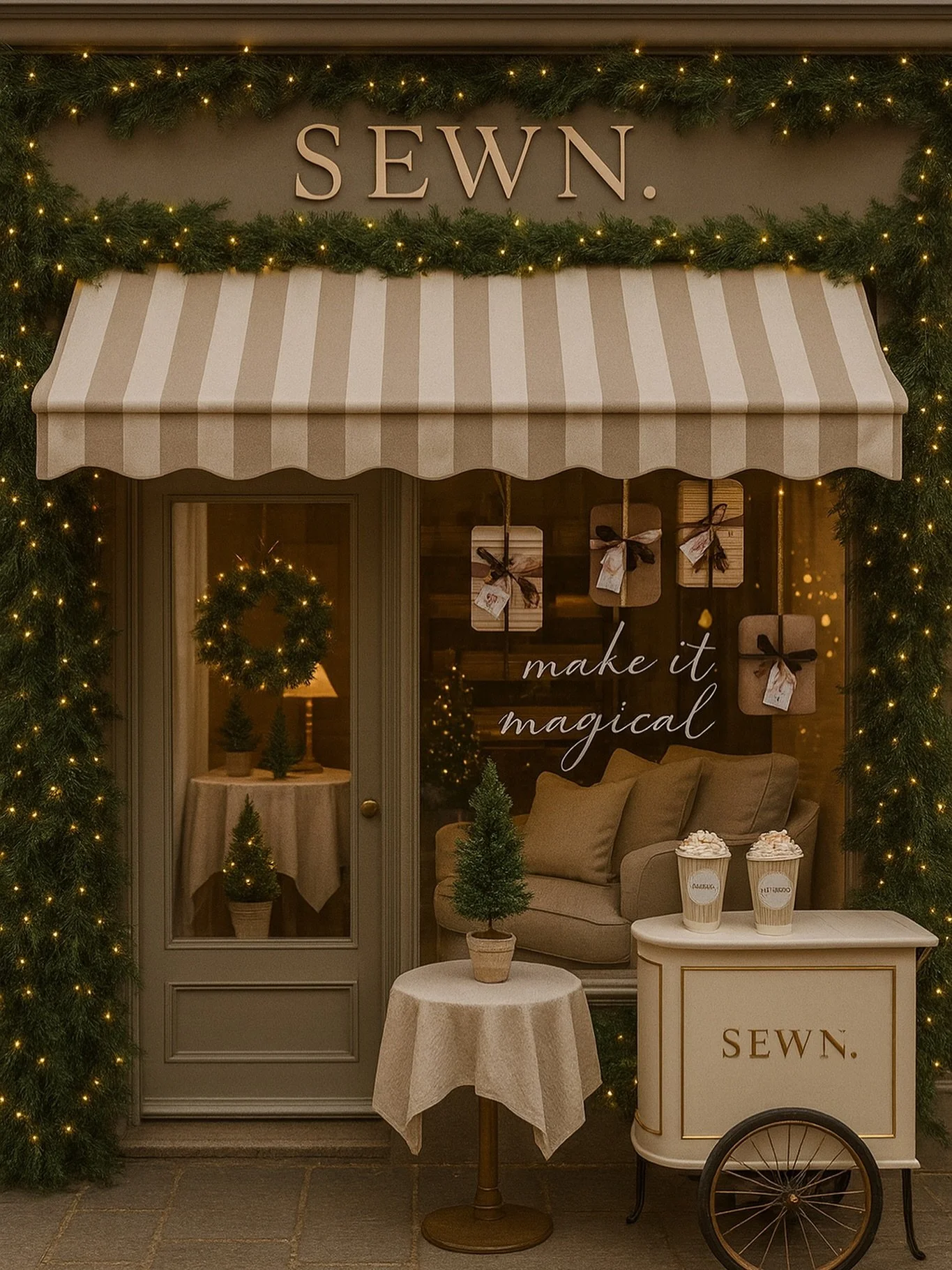 I asked ChatGPT what my Christmas shop front would look like and this is what it produced.. I love it! I really hope one day I can let you experience the magic of Sewn in real life, feel the incredible fabrics and grab a cosy hot chocolate. A girl ca