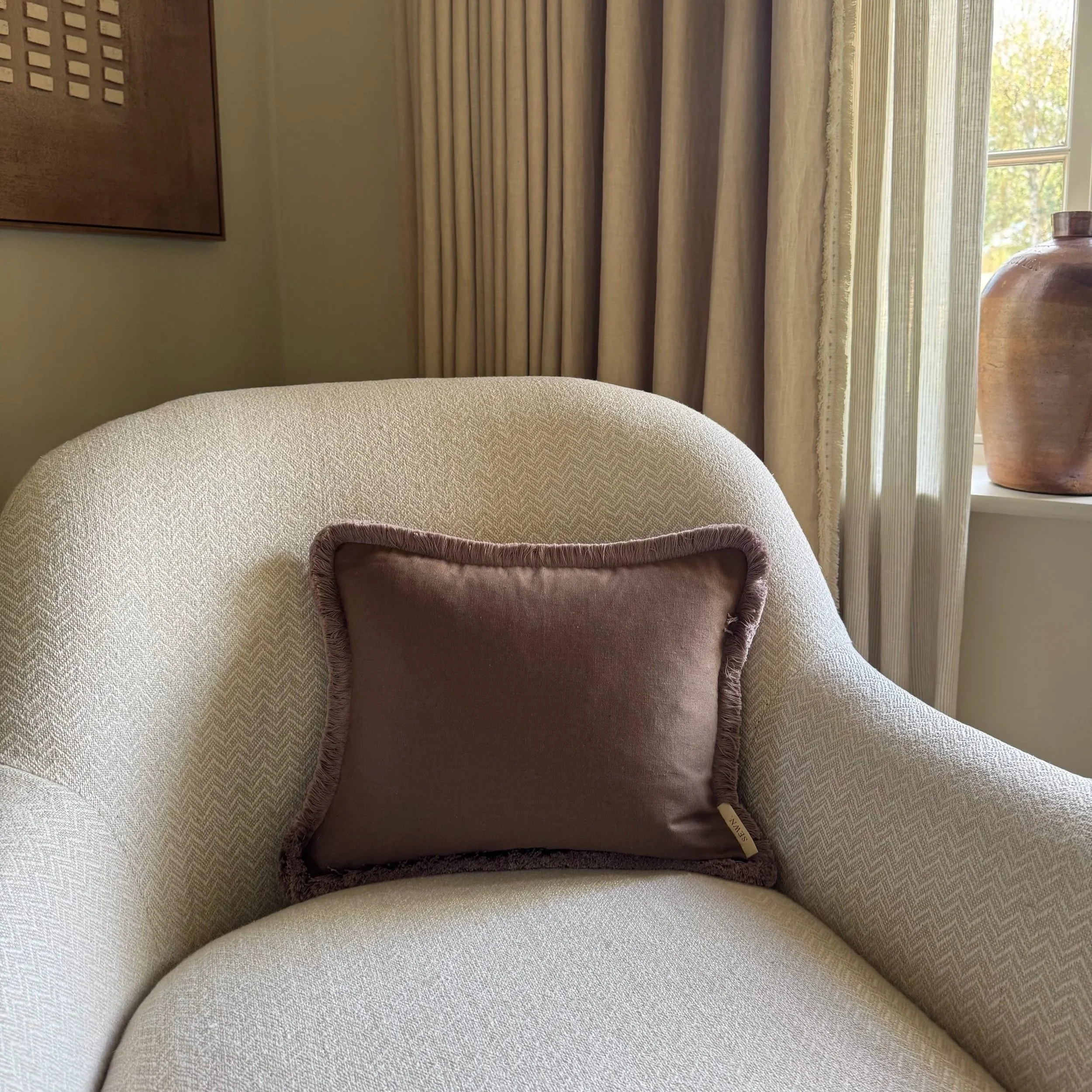 Florence - Brown Linen Rectangular Cushion with Taupe Fringing