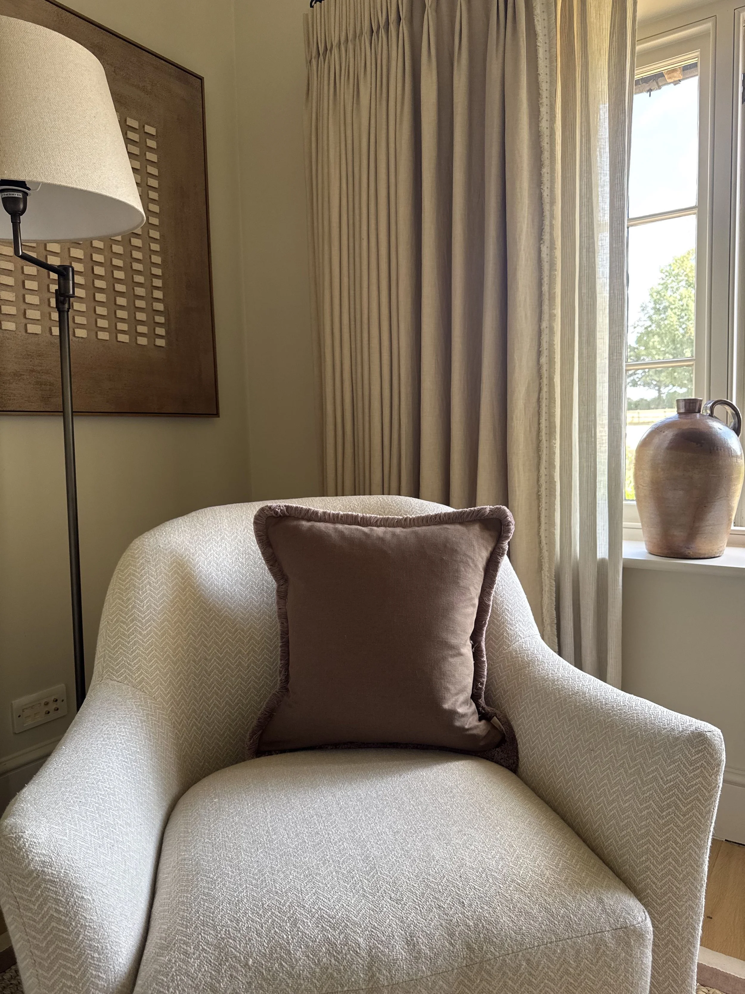 Freya - Brown Linen Cushion with Taupe Fringing