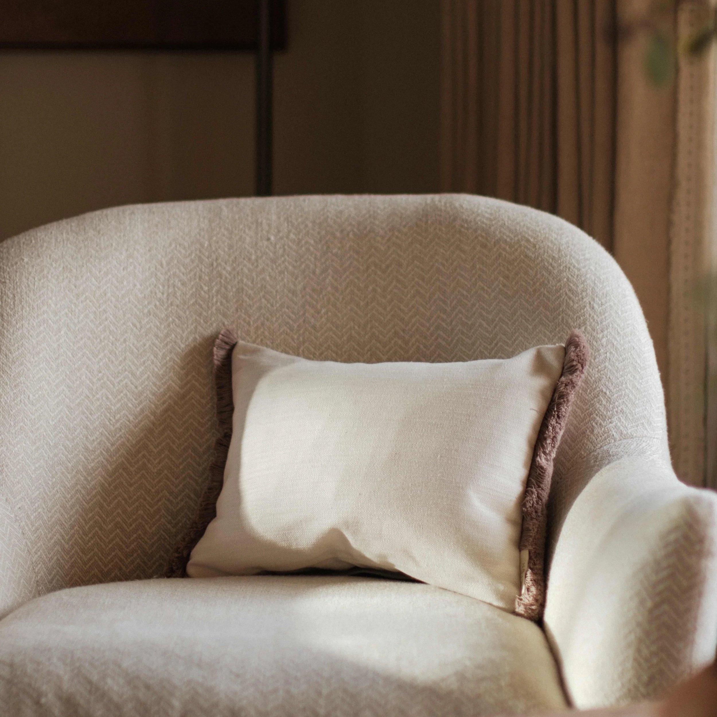 Mia - Textured Cotton Rectangular Cushion with Taupe Fringing