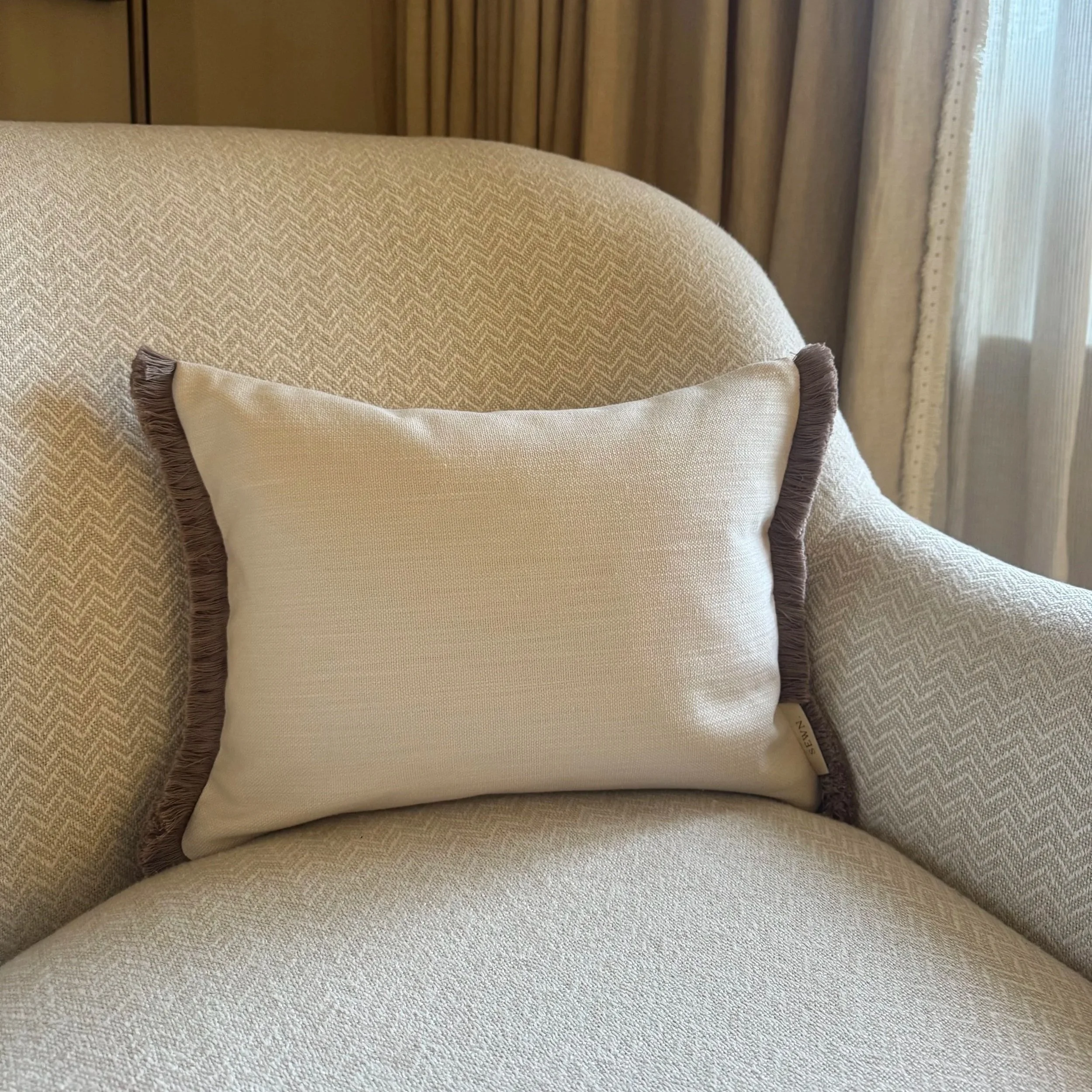 Mia - Textured Linen Rectangular Cushion with Taupe Fringing