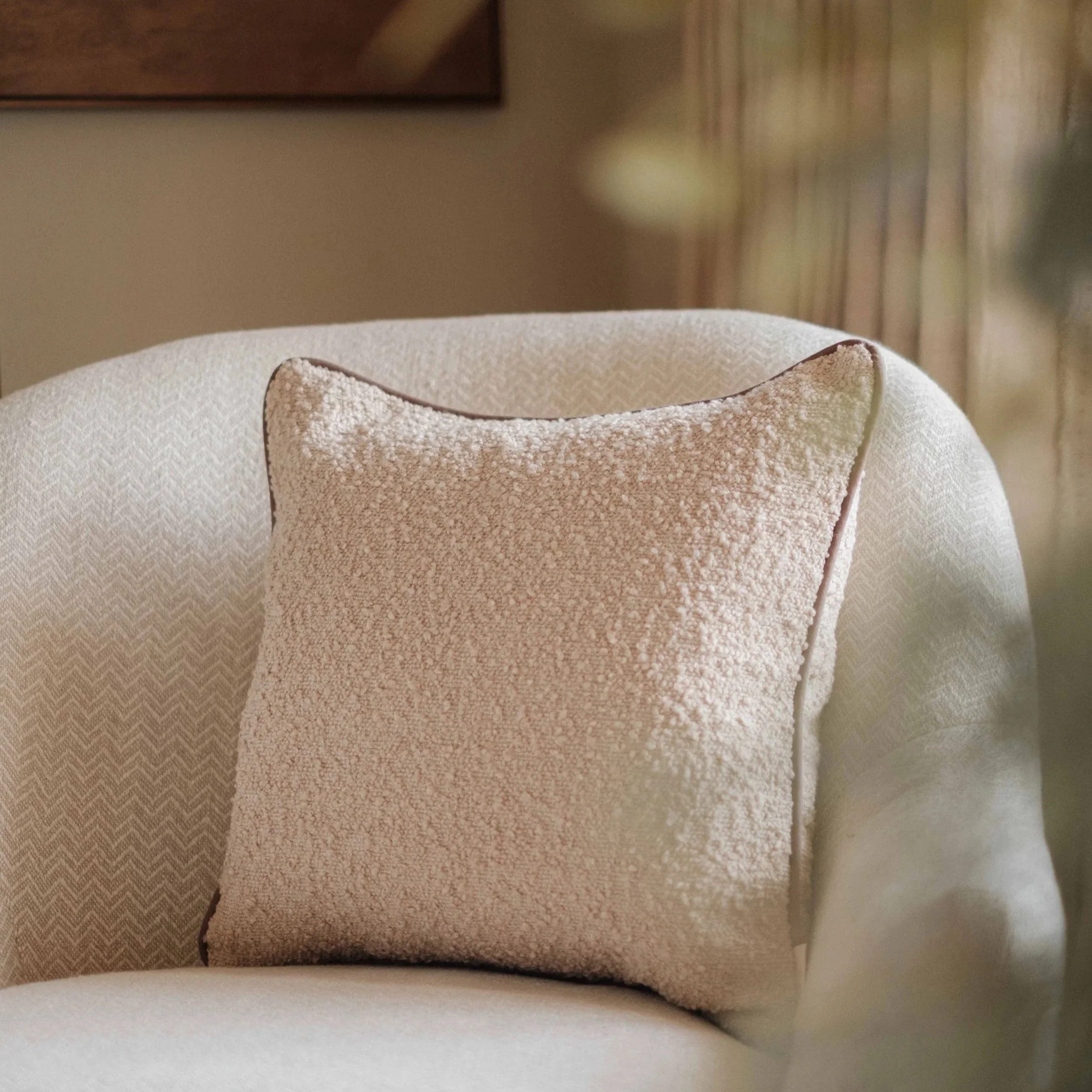 Mae - Beige Boucle Cushion with Taupe Piping