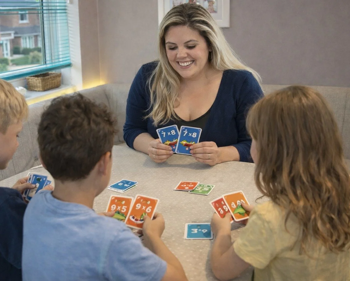 A woman and three children playing a card game at a table indoors, with a window showing houses outside.