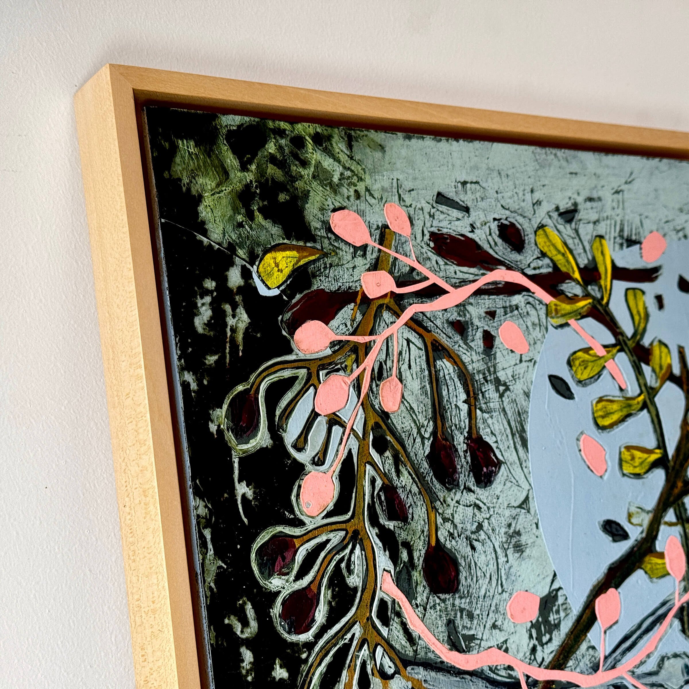 Ali Mackie Art Winslow - Wreaths art for sale blue and pink close up in frame