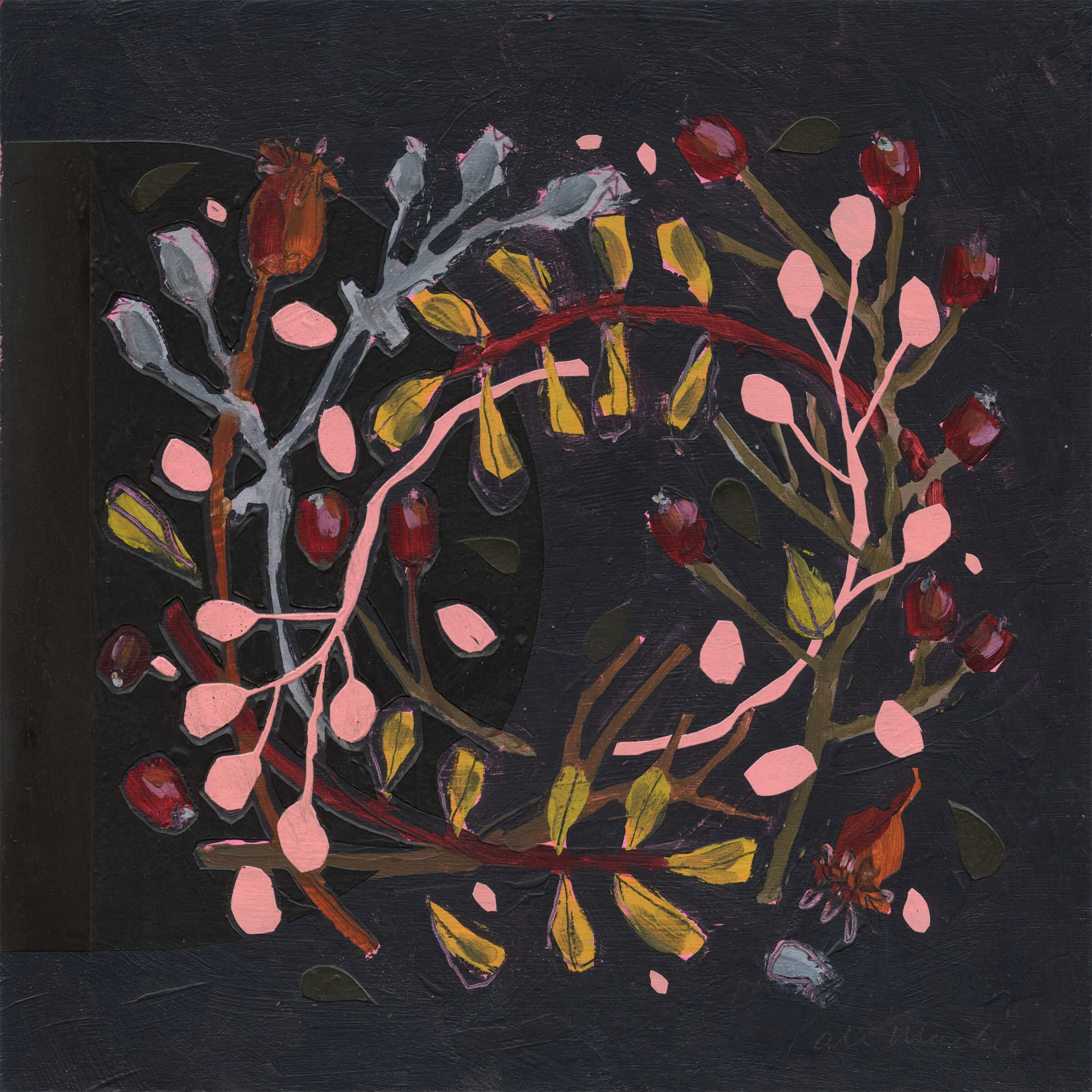 Wallace original painting by Ali Mackie featuring a dark, moody background with pink and gold botanical wreath elements and red berries