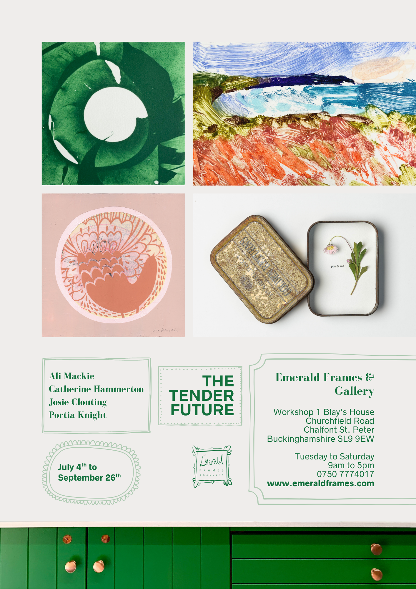 Promotional poster for The Tender Future art exhibition at Emerald Frames and Gallery, featuring contemporary artwork and event details for the summer show.