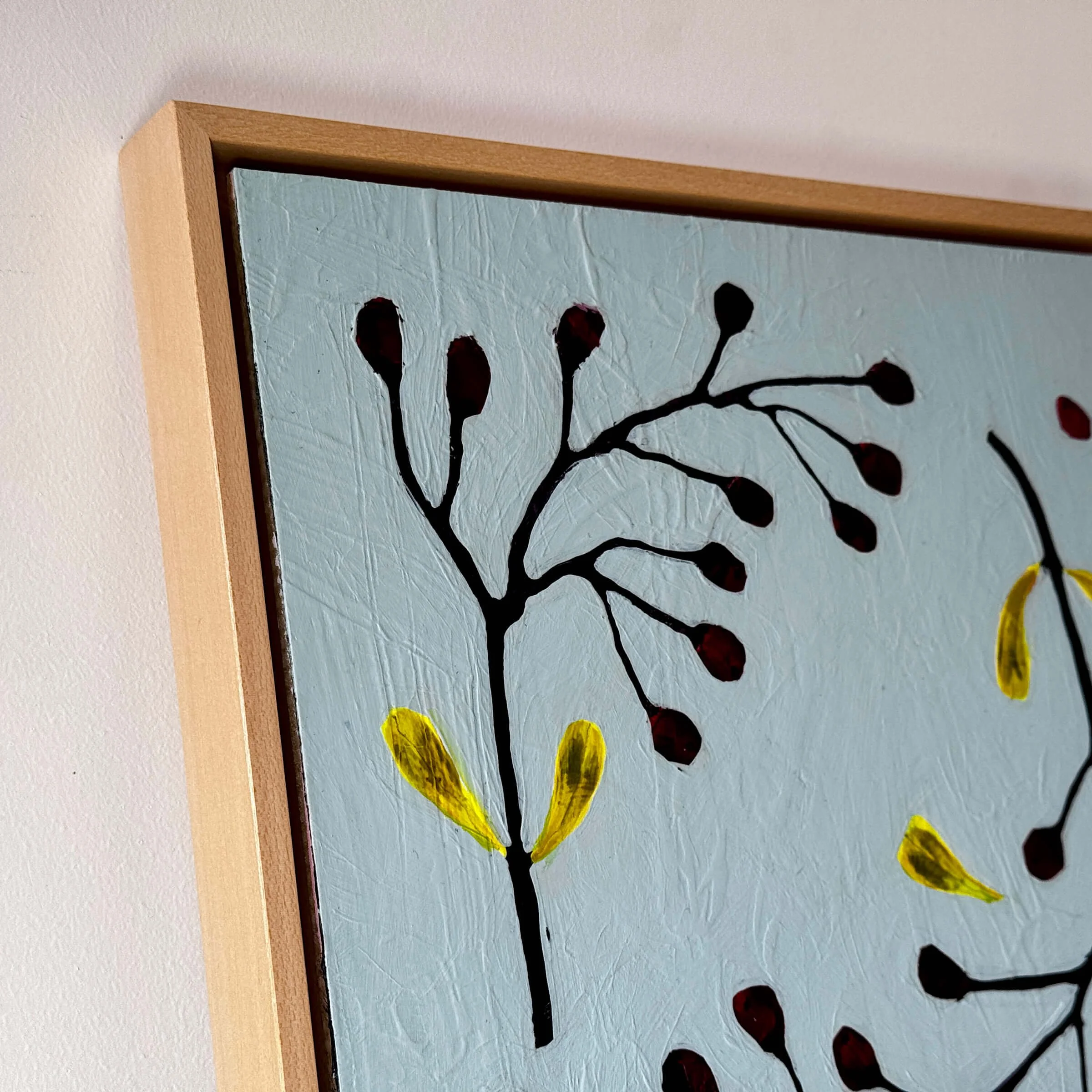 Ali Mackie Art Lets Wait Together - Wreaths sky blue red and yellow art close up