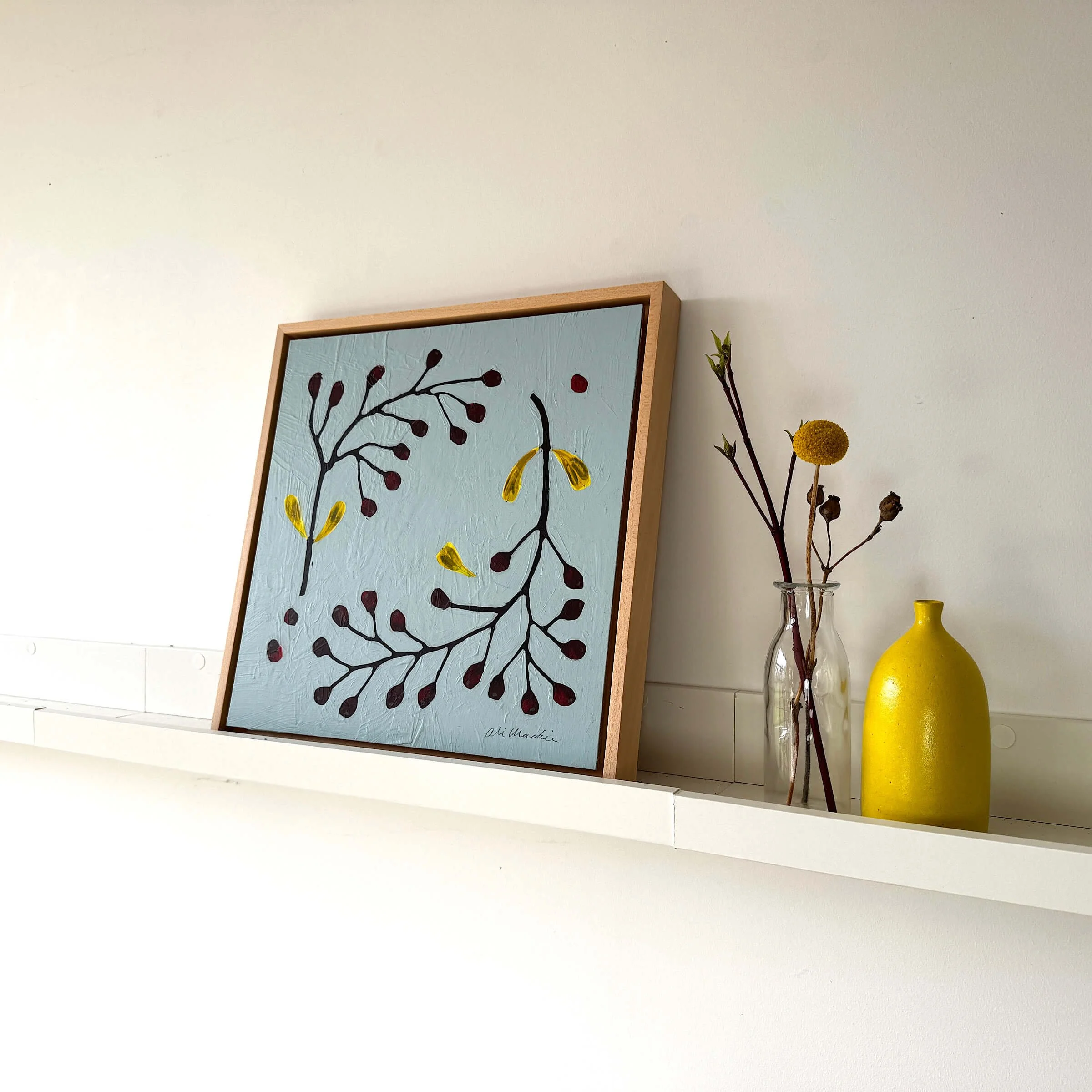 Ali Mackie Art Lets Wait Together - Wreaths sky blue red and yellow art for sale