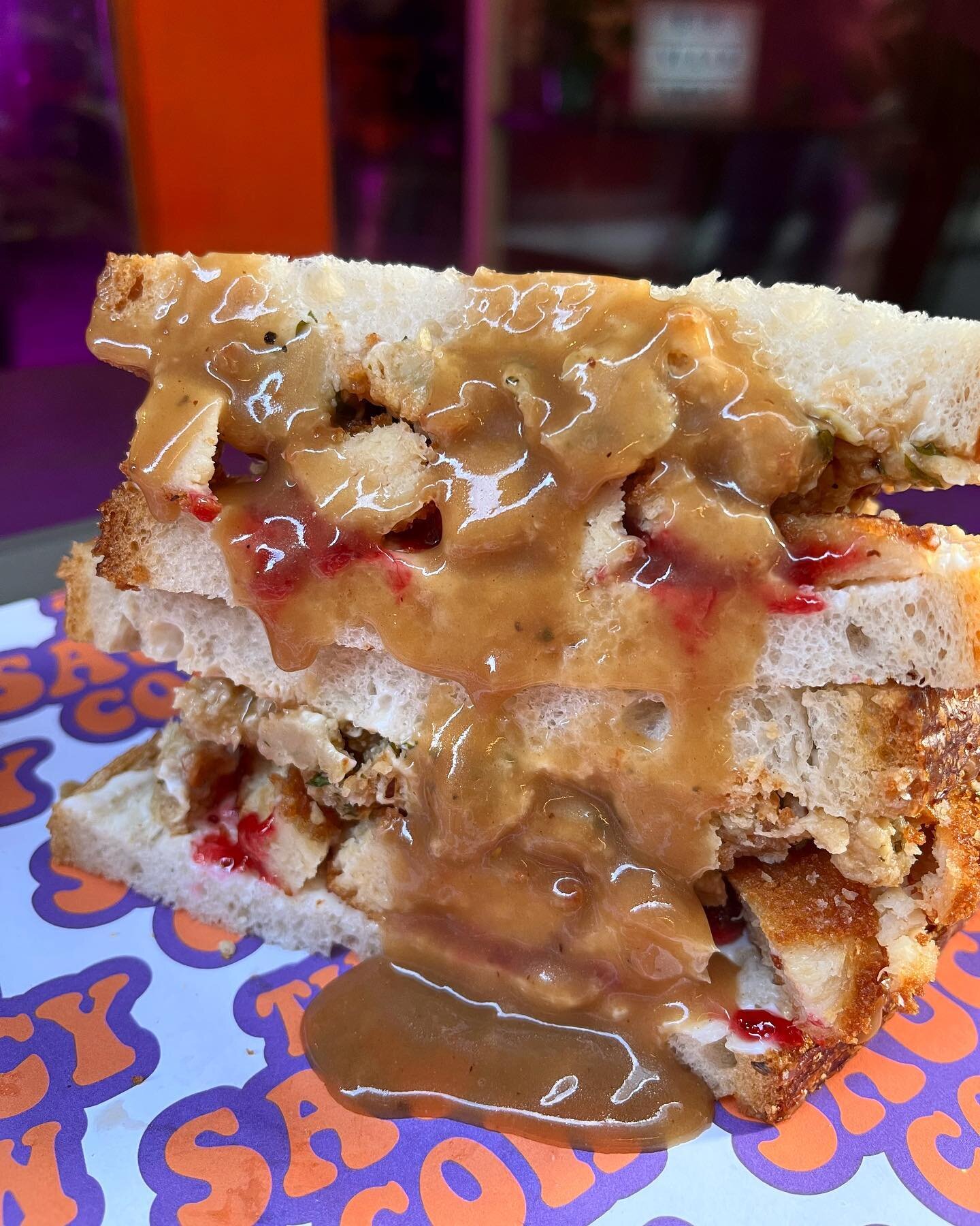 Some body call Addison rea&rsquo;s Ma cus the Saucy gravy is back !!! 

Lightly toasted Sourdough, your choice of southern fried oyster mush or soy chick , roasted garlic stuffing, deep fried Brussels sprouts, cranberry sauce, mayo  and lashings of o