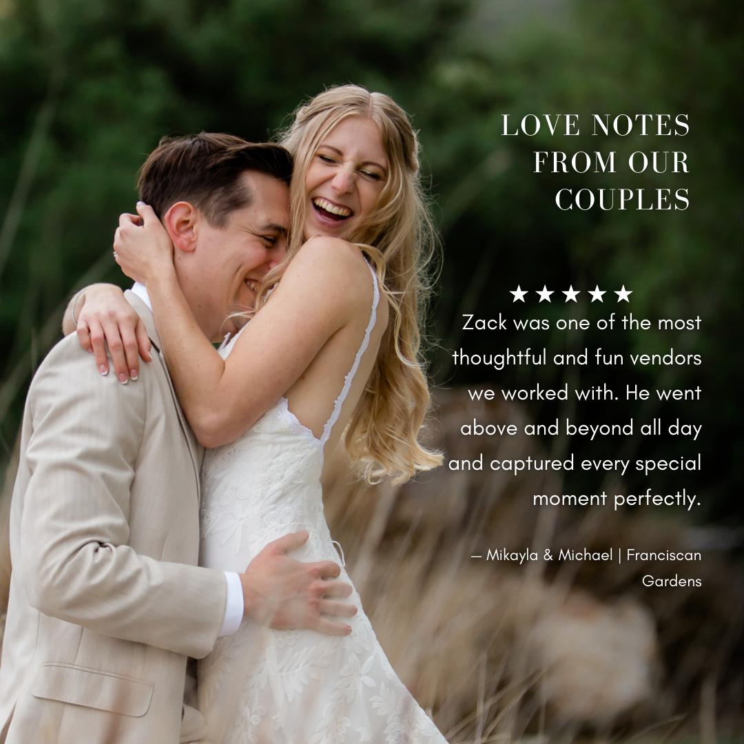 A couple hugging outdoors, with the woman smiling and the man with his eyes closed, and a text overlay with love notes from the couple.