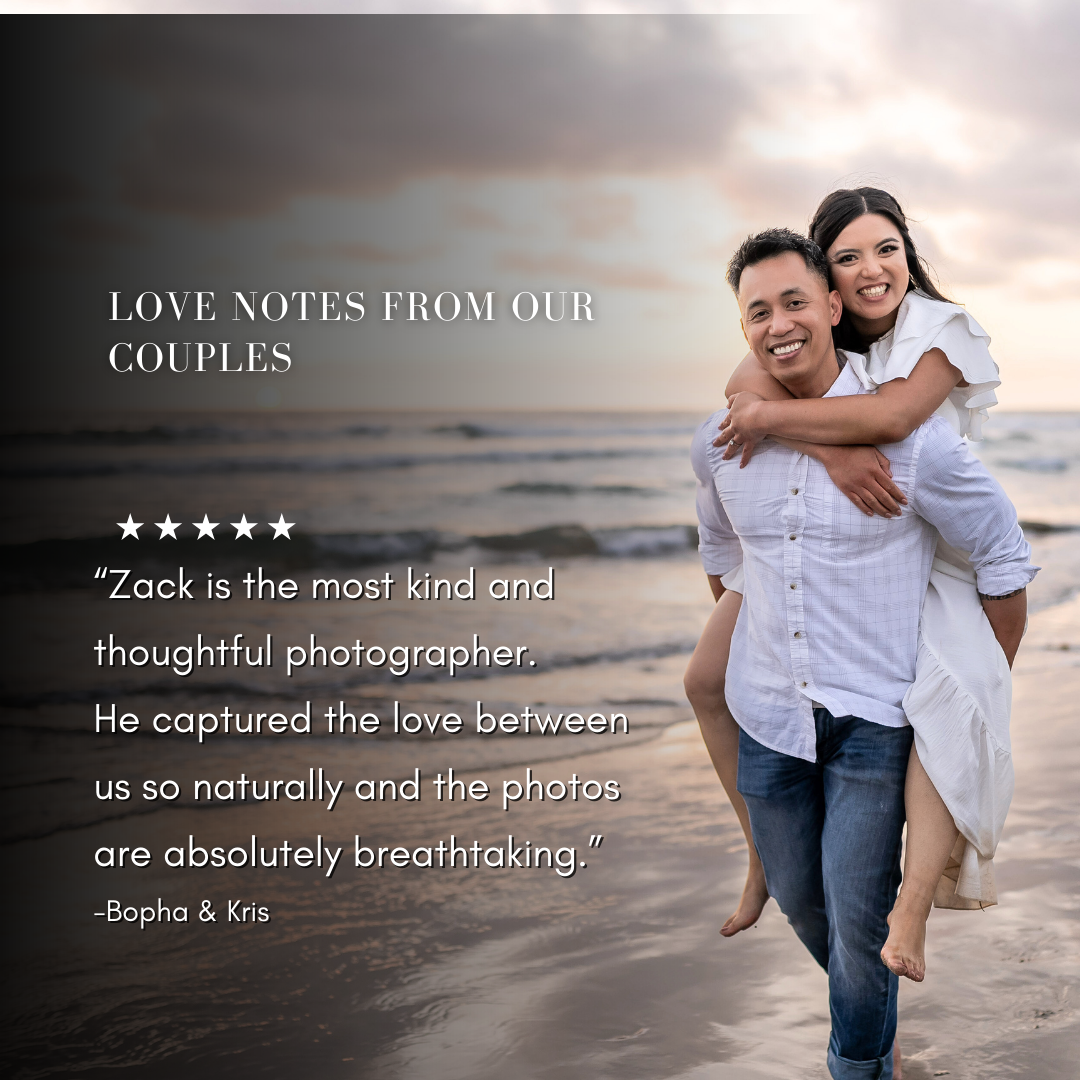 A happy couple at the beach with a sunset sky in the background. The man is carrying the woman on his back. Overlaid text includes a five-star rating, a quote praising photographer Zack, and the names Bopha & Kris.