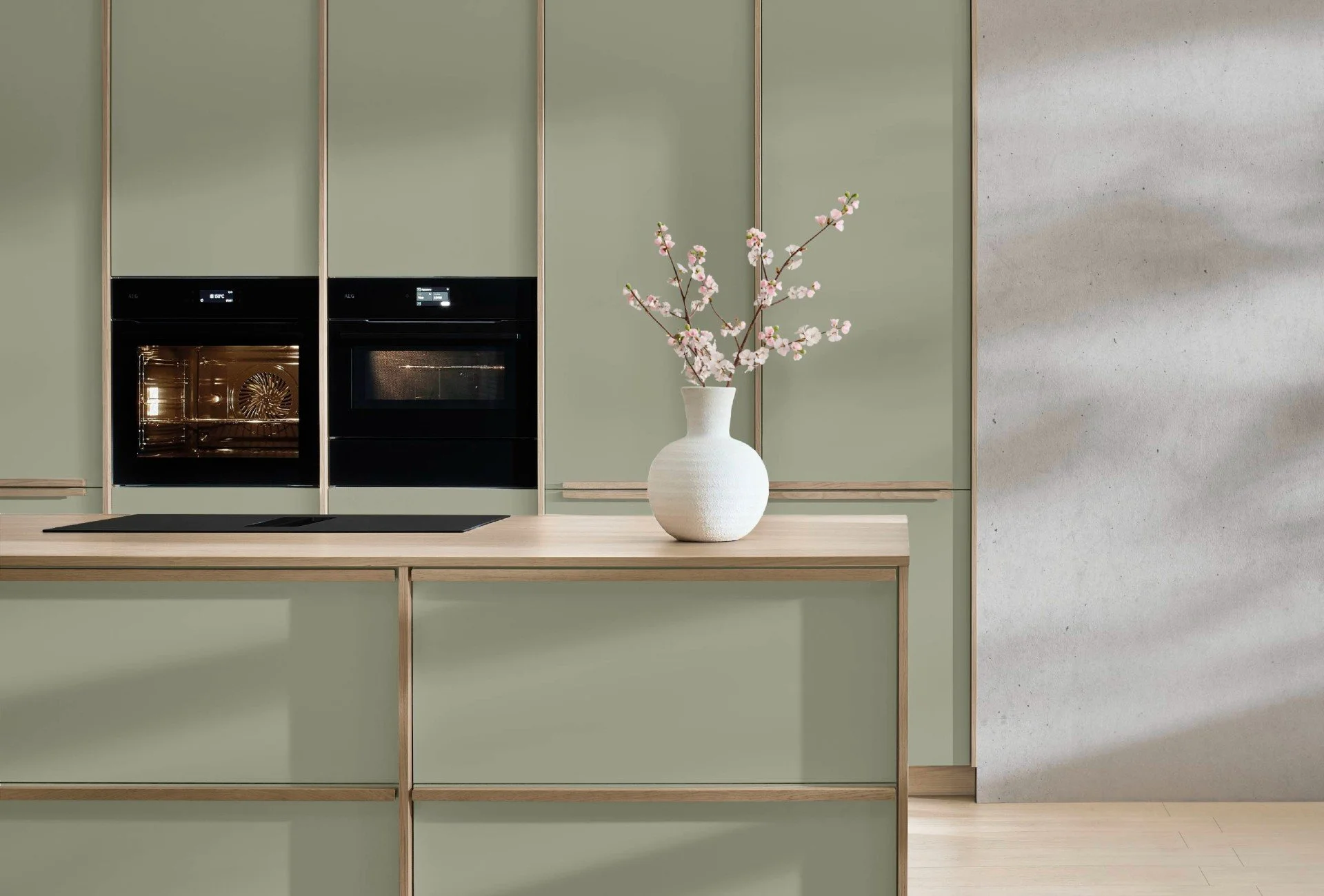 Neutral Japandi kitchen featuring warm earthy tones and natural textures