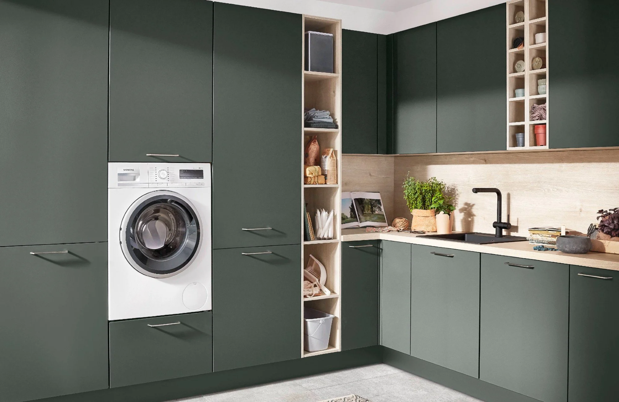 integrated utility with open shelving and tall units