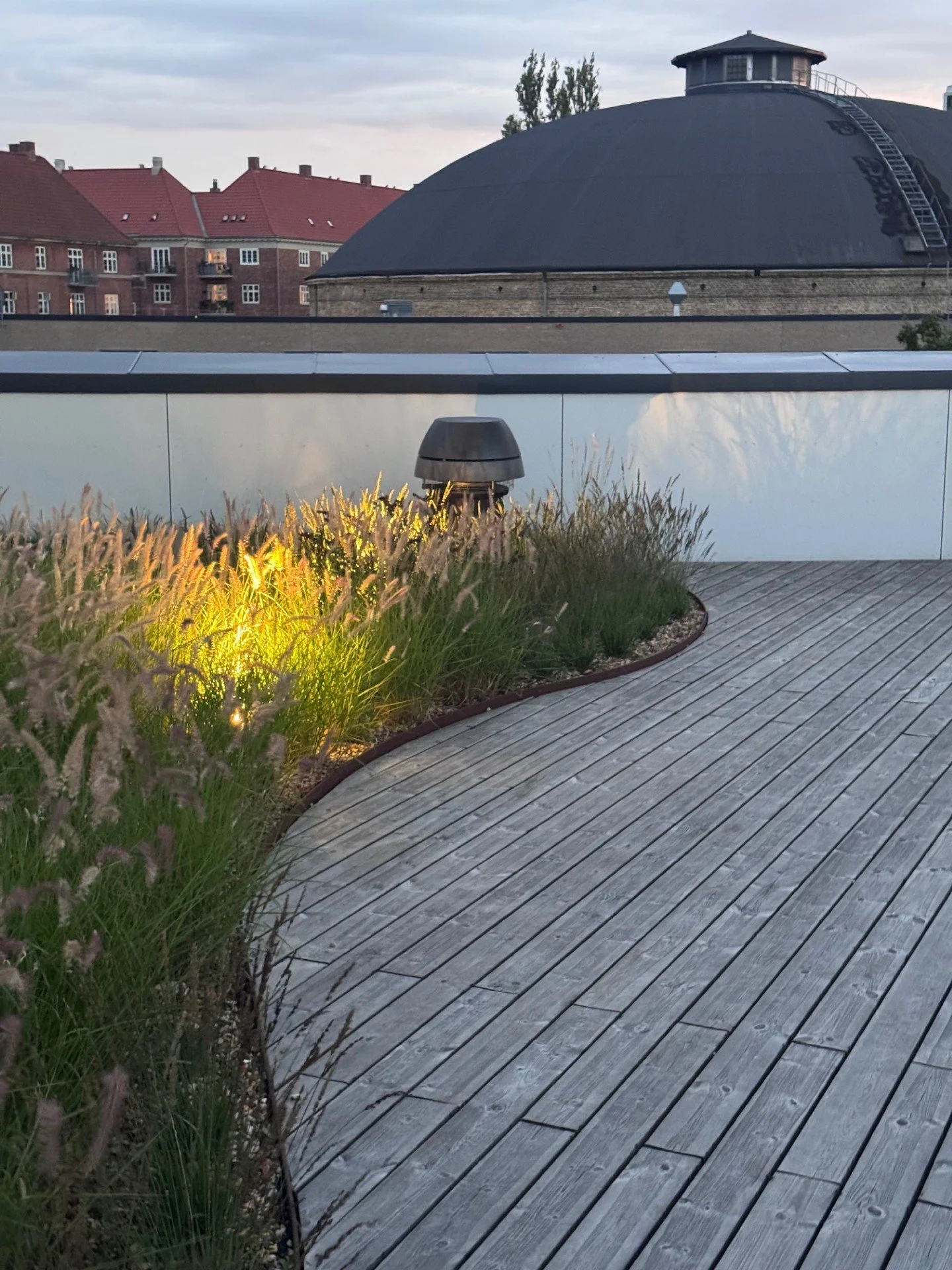 Rooftop terrasse med træplanker, buskads med lys, og en stor rund bygning med en skrå tagrender i baggrunden.