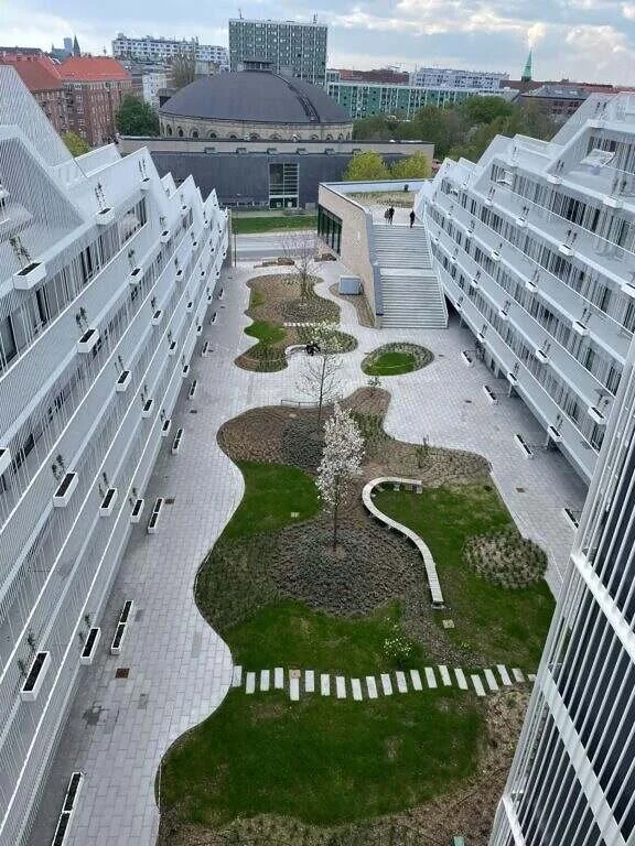 Ældre boligkomplekts havegård med stisystemer, rosenkål, træer og moderne bygninger omkranser gården.