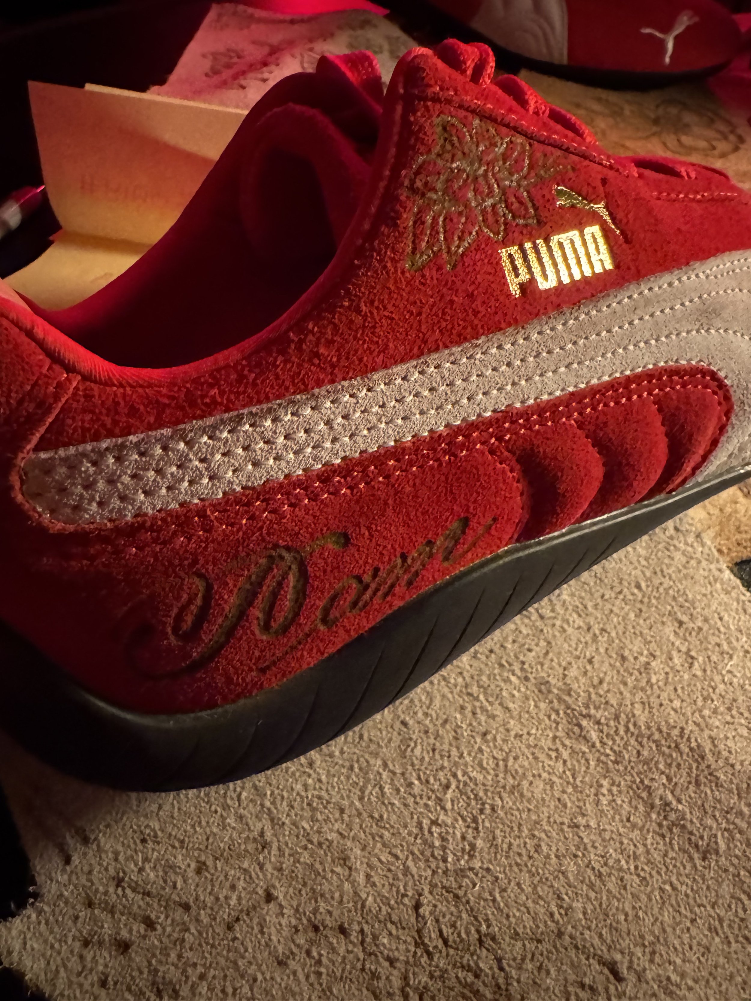 Puma Speedcats with custom handmade suede etching personalization for a brand activation