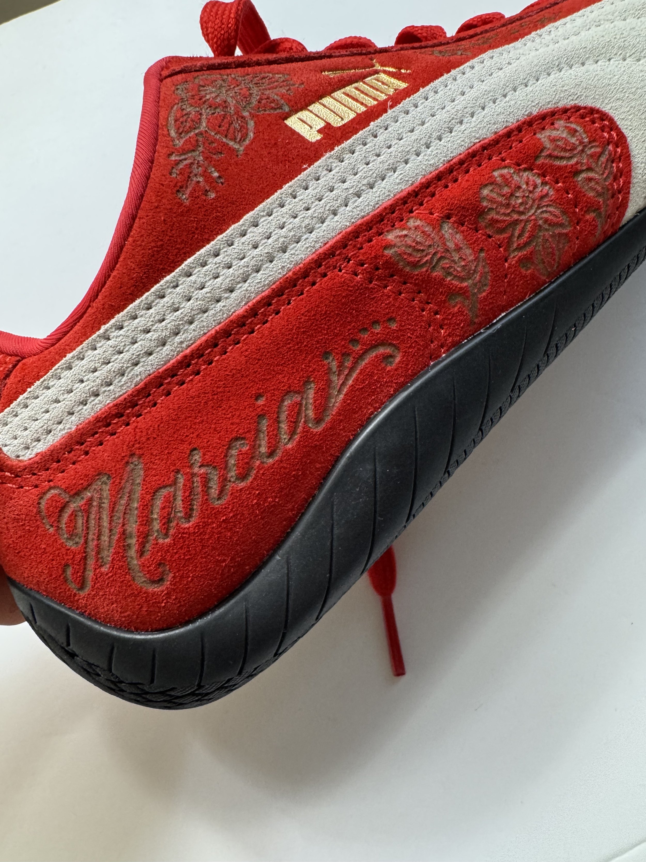 Puma Speedcats with custom handmade suede etching personalization for a brand activation
