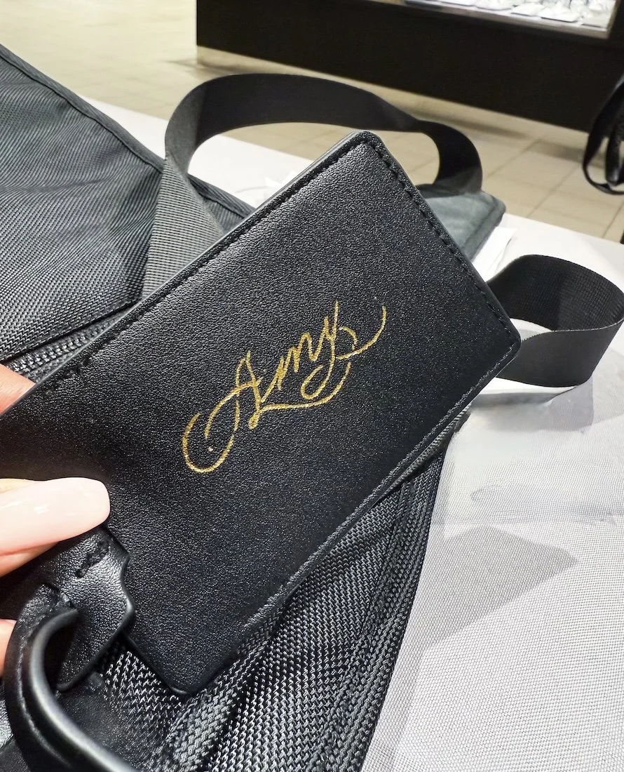 Hot leather foiling debossing on luggage tag for brand activation at our client event with Nordstrom