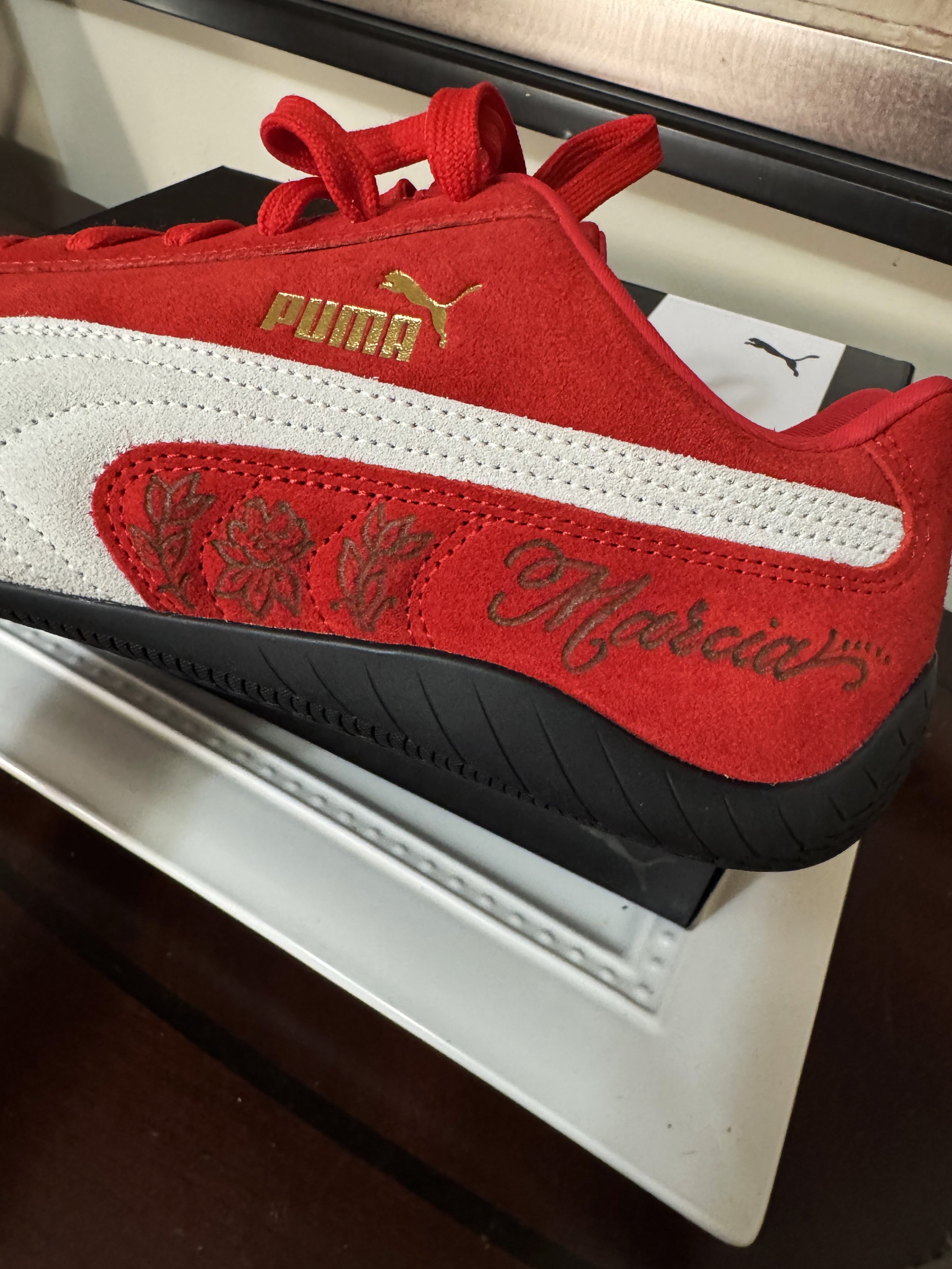 Puma Speedcats with custom handmade suede etching personalization for a brand activation