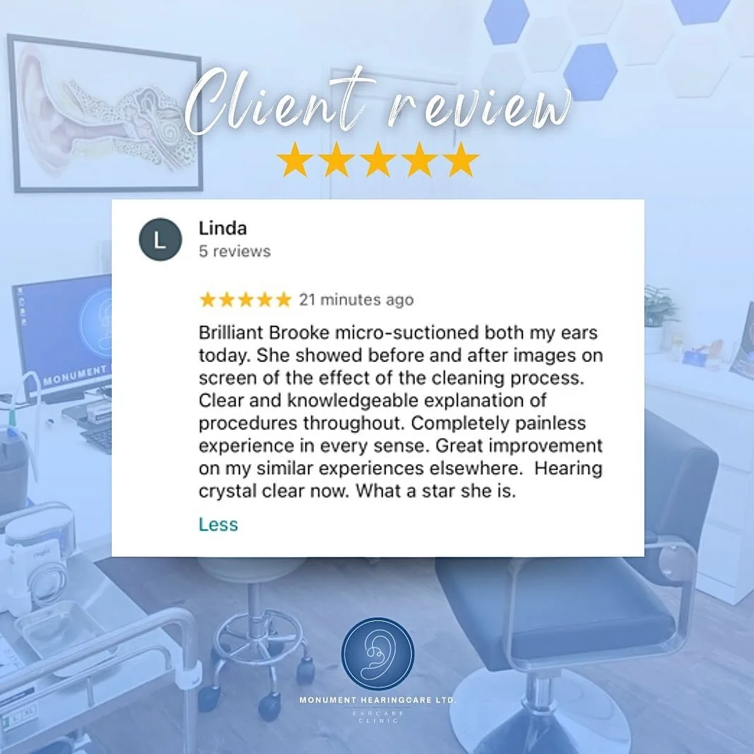 Client feedback 💬⭐️ Thankyou! 🤩 

Struggling with blocked ears? See how we can help and make your appointment via our website: 
www.monumenthearingcare.co.uk 

Get in touch to book an appointment...
📞 01823 975565
📲 www.monumenthearingcare.co.uk
