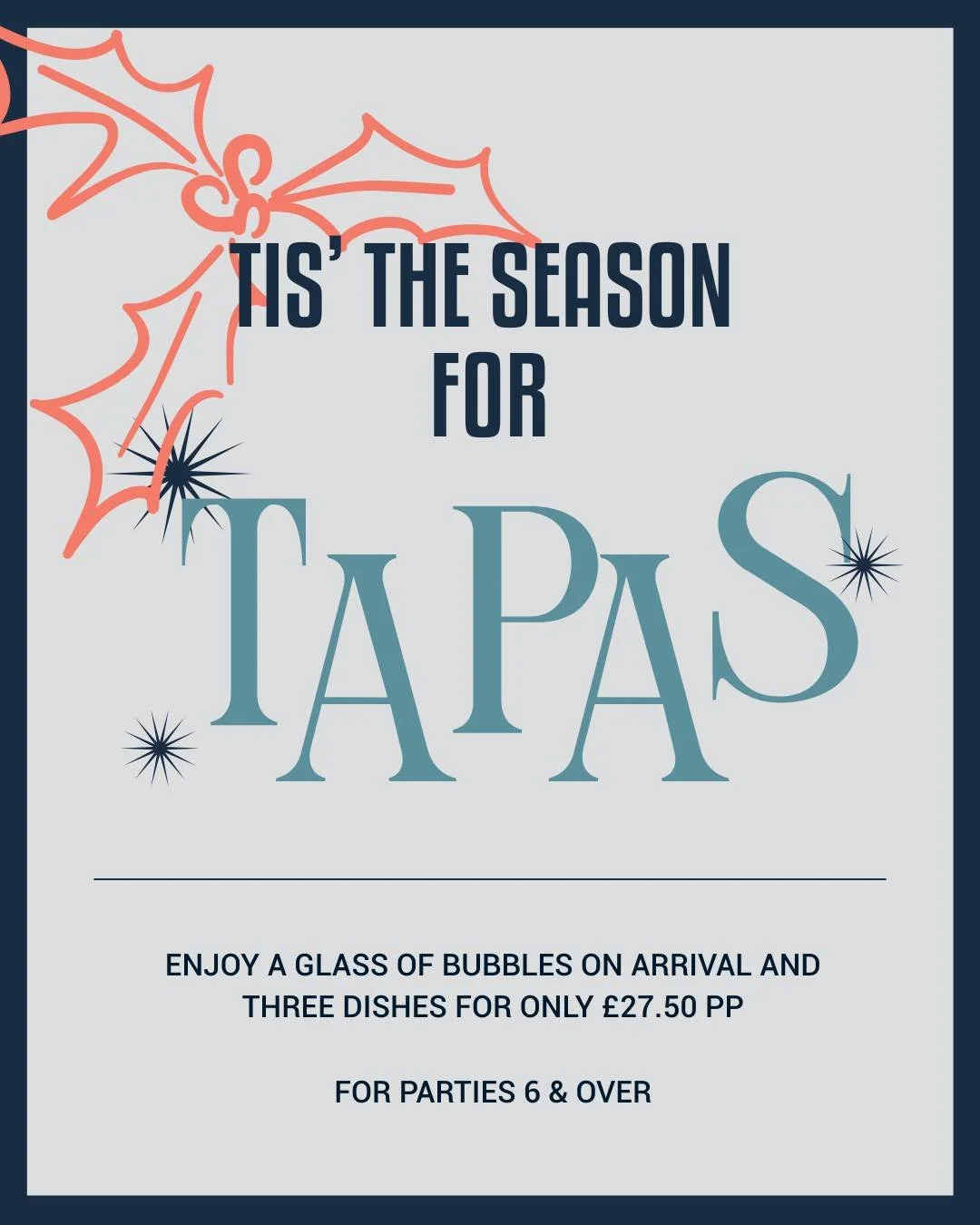 No turkey, no bland nut roast, no one pretending to like the sprouts.

Just great food, bubbles, and dishes you can choose yourself! 

🎁 Choose 1 dish from the &lsquo;To Pick&rsquo; section &amp; 2 tapas, plus an arrival glass of bubbles (or 0%) &md