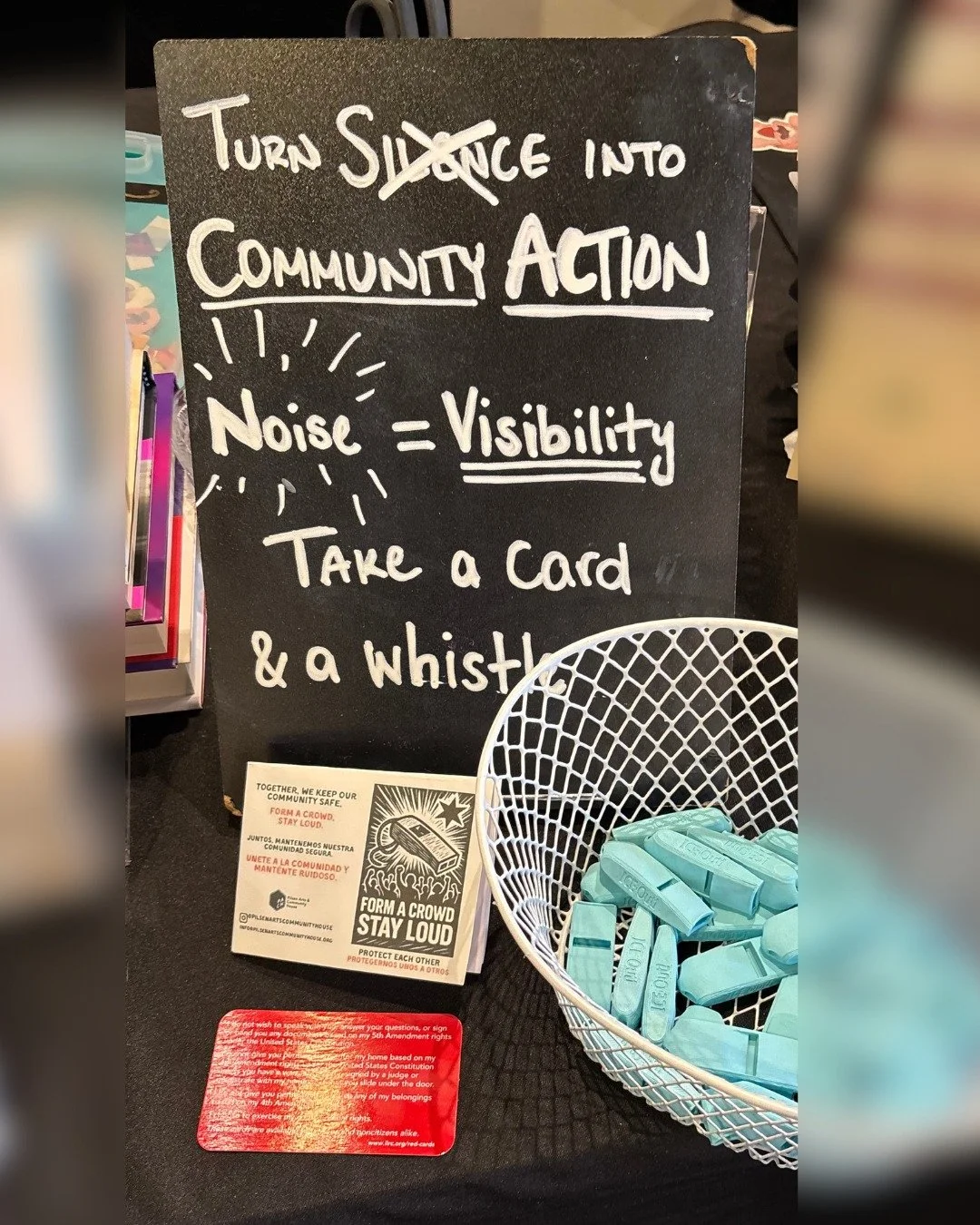We have anti-ICE whistles available for free at the shop, along with guides on how to protect your neighbors and your community.

We also have plenty of red cards from the Immigrant Legal Resource Center, created to help people know and assert their 