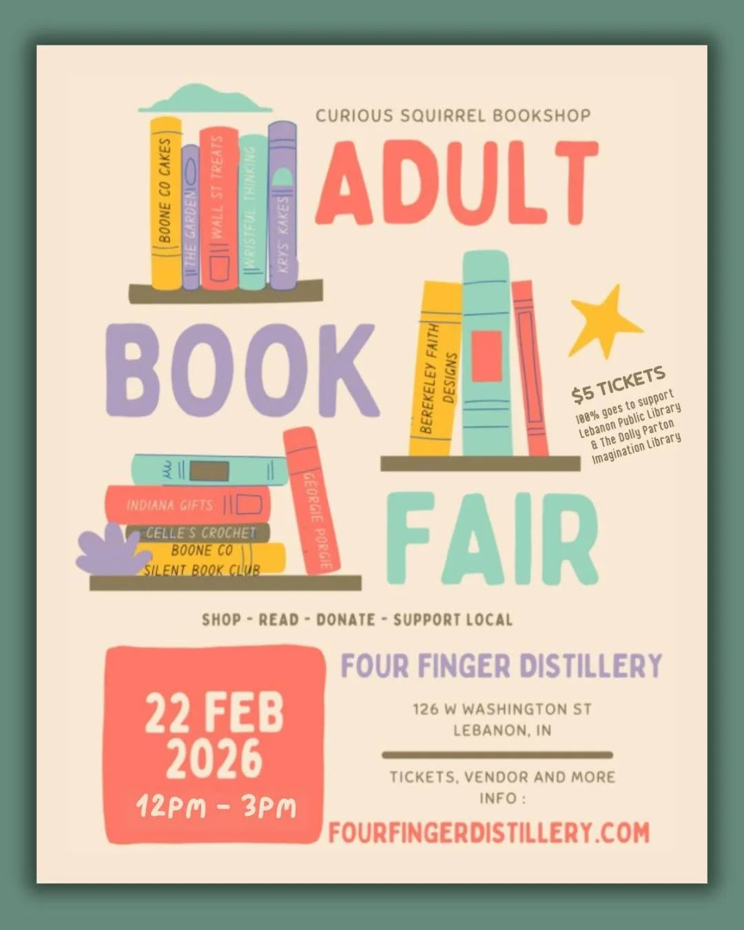 📣 Heads up, Squirrels! 📣

Our storefront will be closed tomorrow (Sunday, Feb 22) &mdash; but you can still find us out in the wild at a Book Faire for Adults at Four Fingers Distillery in Lebanon. 

You can expect:
A curated book selection by The 