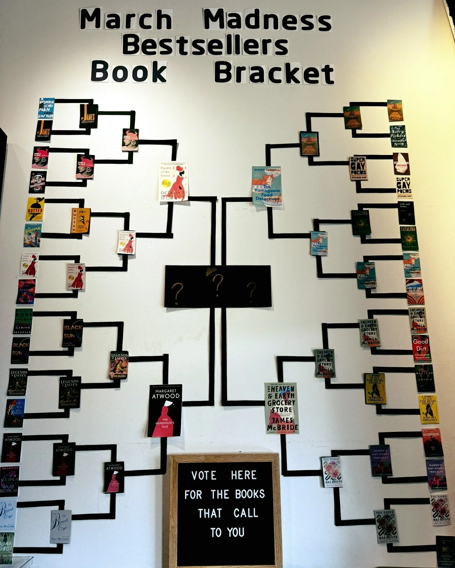 We&rsquo;re down to the Final Four and this is where it gets tough.

&mdash; Parable of the Sower vs. The Handmaid&rsquo;s Tale
&mdash; The Kamogawa Food Detectives vs. The Heaven &amp; Earth Grocery Store

Voting is open &mdash;stop in or cast your 