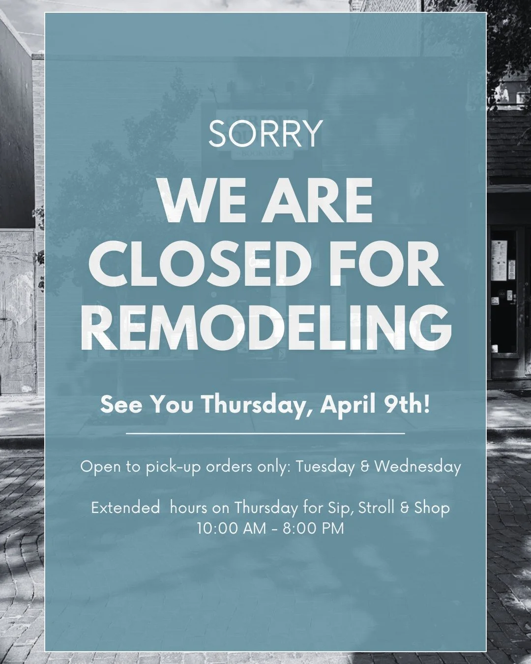 A quick refresh is in the works 🎨 We will be closed a couple days for painting, but available for those with pick-up orders Tuesday and Wednesday. We&rsquo;ll reopen Thursday, April 8 with extended hours (10&ndash;8) for Sip, Stroll &amp; Shop.