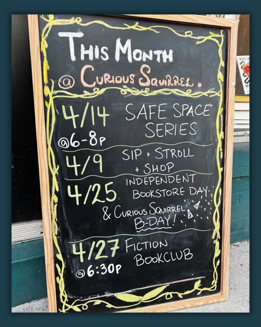 A few things coming up at Curious Squirrel Bookshop:

Sip, Stroll, &amp; Shop
Thursday, April 9 &bull; 4&ndash;8 PM
Stroll Main Street, pop into shops, and enjoy a relaxed night out.

Safe Space Night
Tuesday, April 14 &bull; 6&ndash;8 PM
A quiet, af