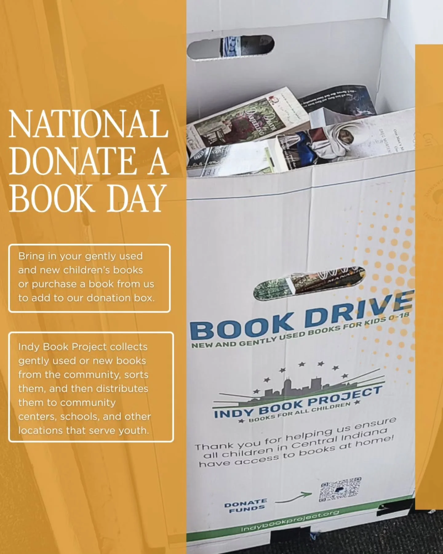 It's #NationalDonateABookDay! We have partnered with Indy Book Project, a literary non-profit with a mission to ensure all children have access to books in their home.

Bring in your gently used and new children&rsquo;s books or purchase a book from 