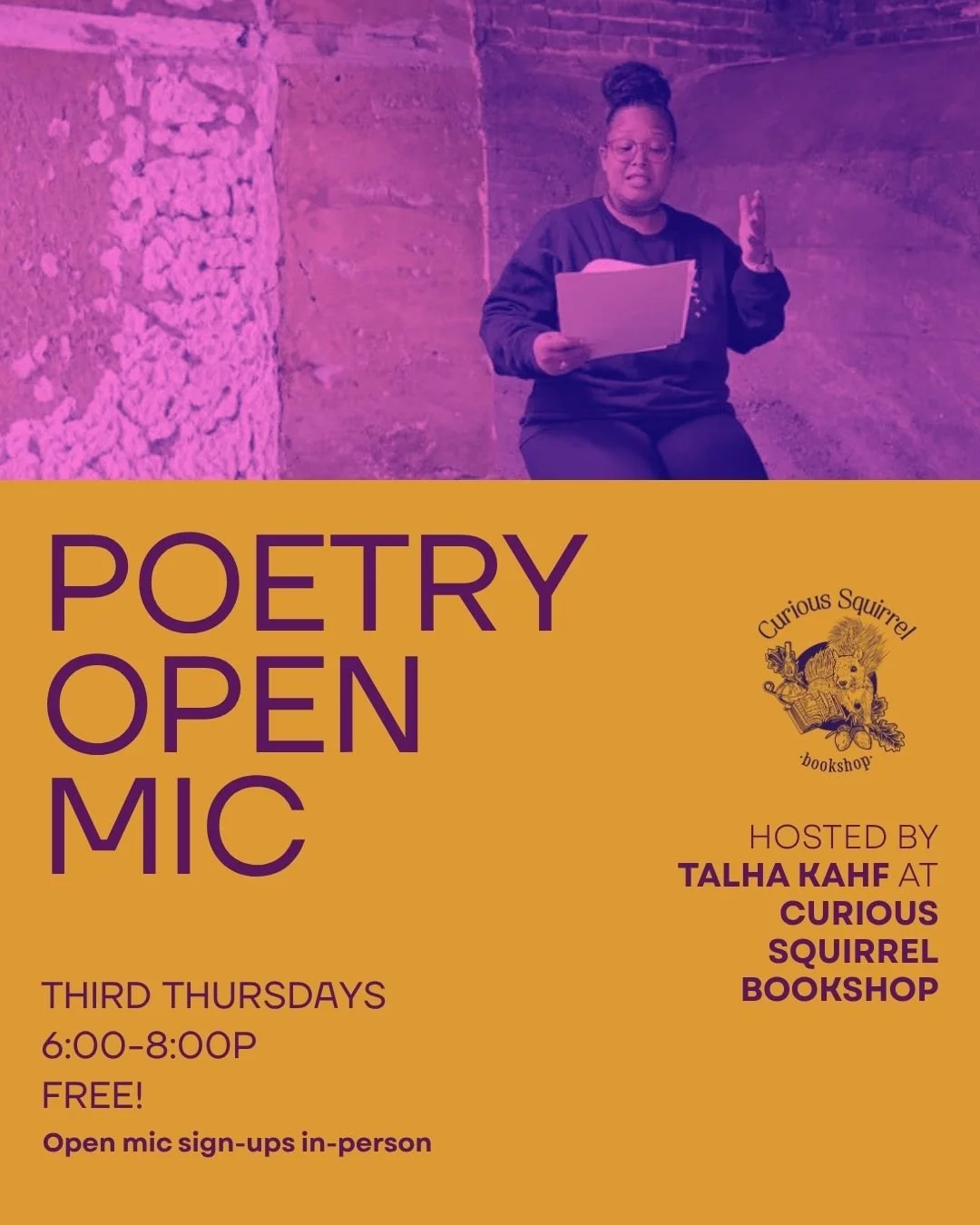 Join us next Thursday for another Poetry Open Mic from 6-8p! Hosted by Talha Kahf, this is a welcoming low-pressure space for poets of all levels. Share your work, try something new, or just listen and connect. 

Open mic sign-ups are in-person. This
