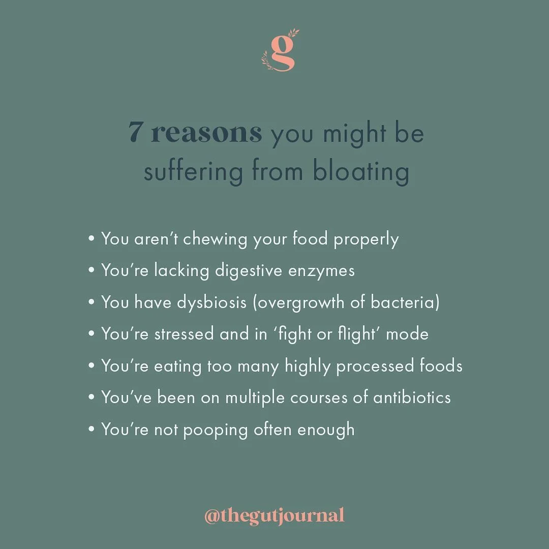 ✨7 reasons you might be suffering from bloating 

The list of reasons you might experience bloating is endless, but these are the most commonly identified ones based on studies and my clinical experience!

Do you wonder whether you even have bloating