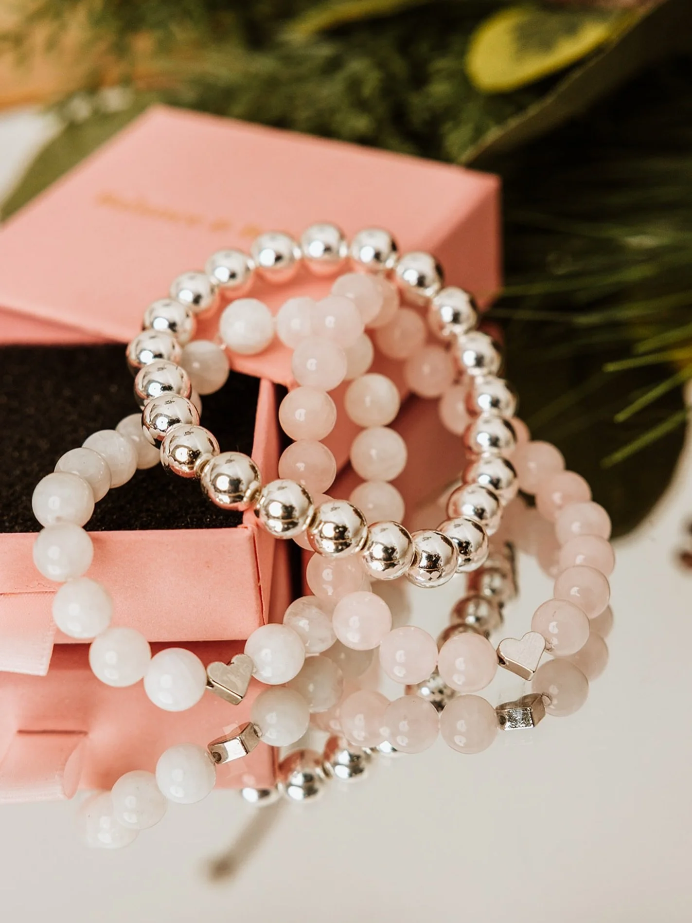 Silver lovers, this one&rsquo;s for you. A silver bracelet stack with Rose Quartz, Moonstone &amp; Silver Hematite. It is the perfect gift for love, clarity, and balance. Give it, wear it, unwrap the magic.