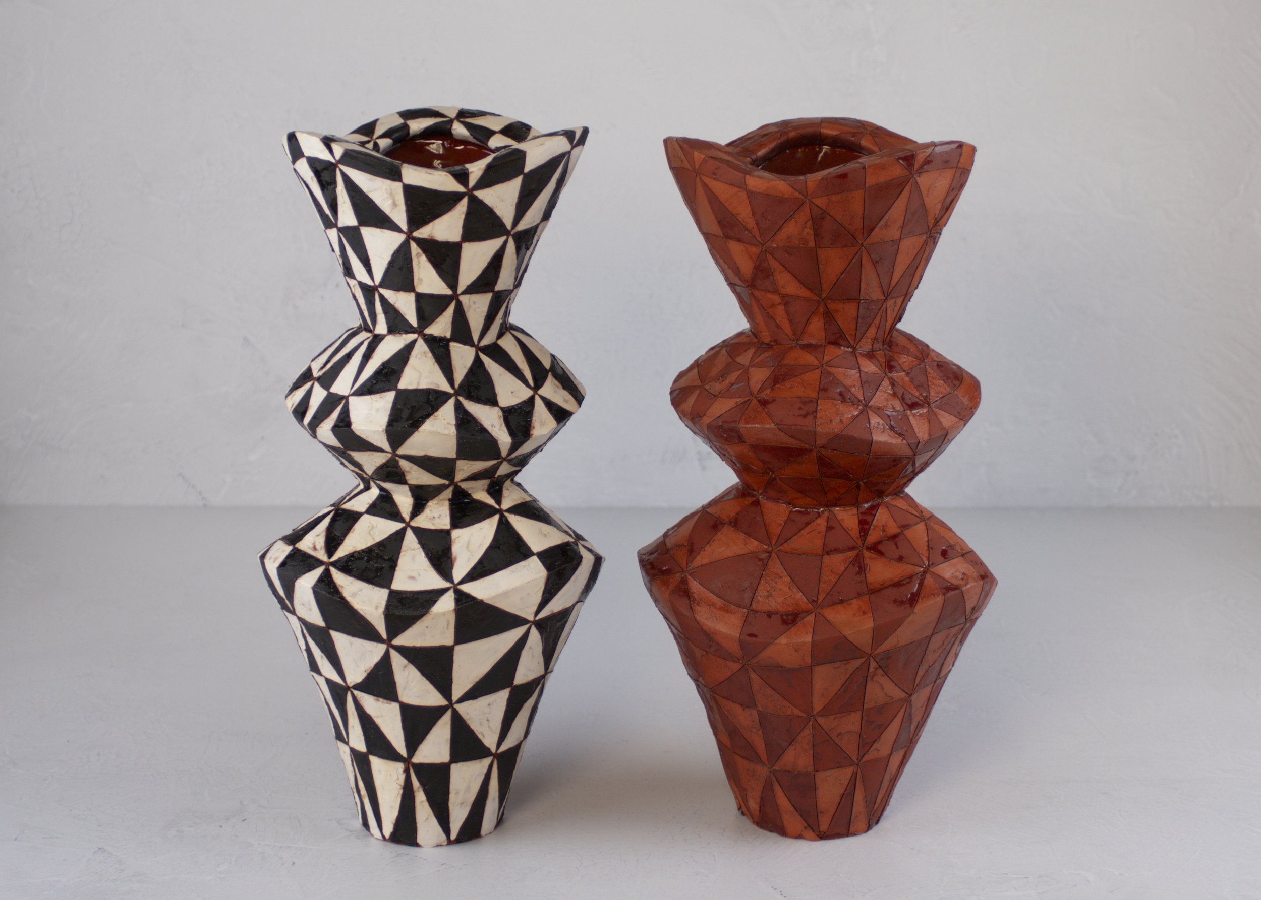 Vessels from IN COMMON, IN CONTRAST installation, 15" x 7" x 7", Terra Cotta, Terra Sigillata, Underglaze, Glaze