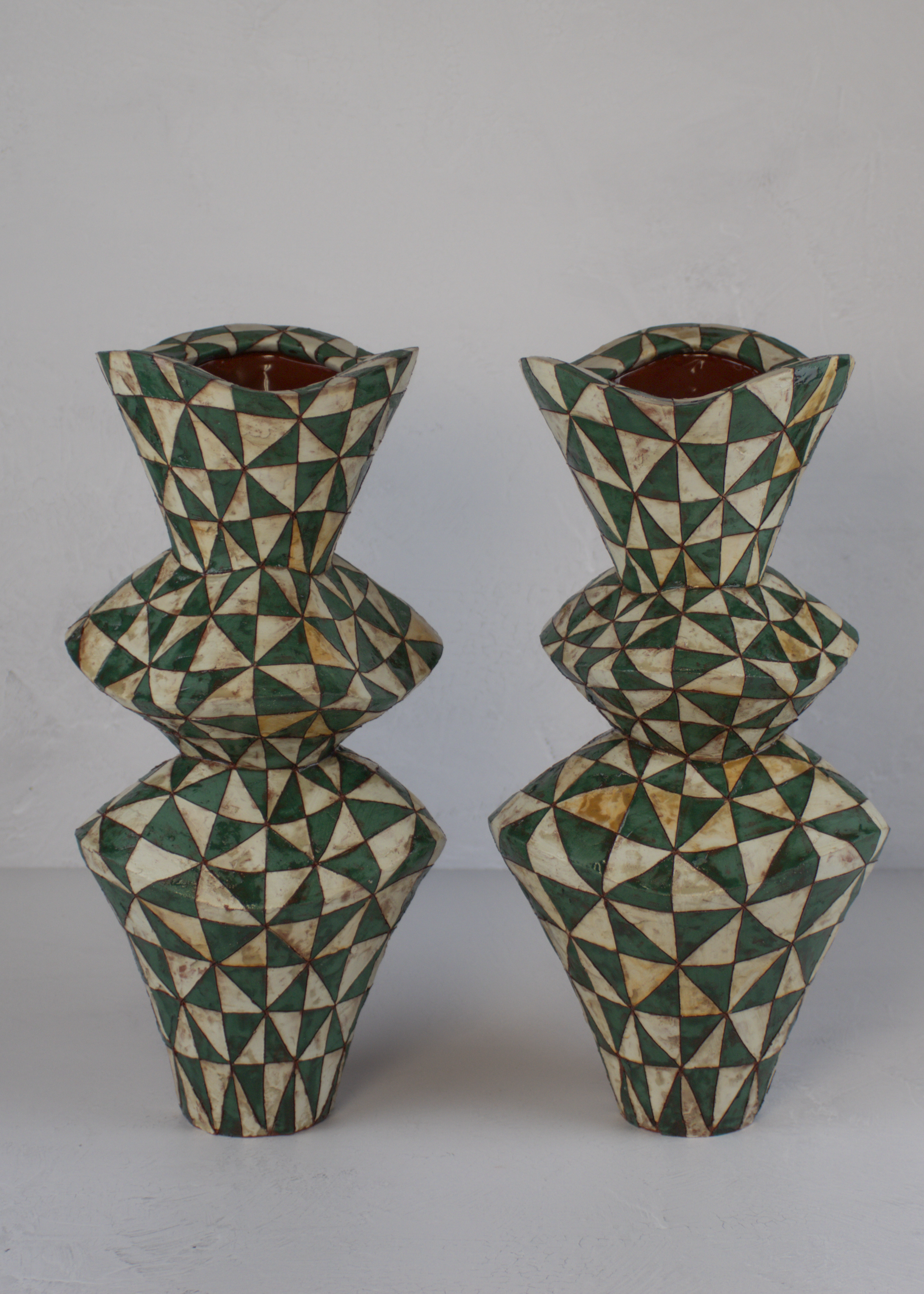 Vessels from IN COMMON, IN CONTRAST installation, 15" x 7" x 7", Terra Cotta, Terra Sigillata, Underglaze, Glaze