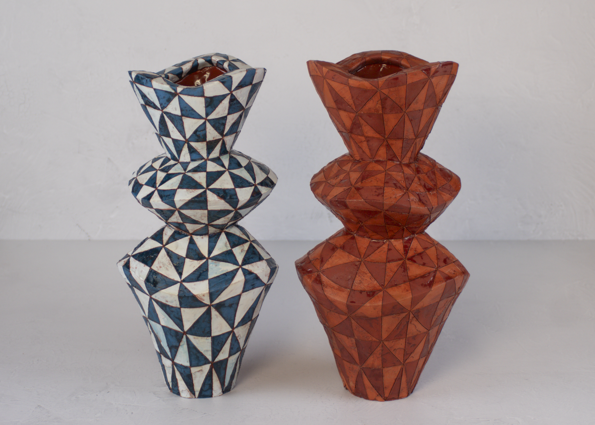Vessels from IN COMMON, IN CONTRAST installation, 15" x 7" x 7", Terra Cotta, Terra Sigillata, Underglaze, Glaze