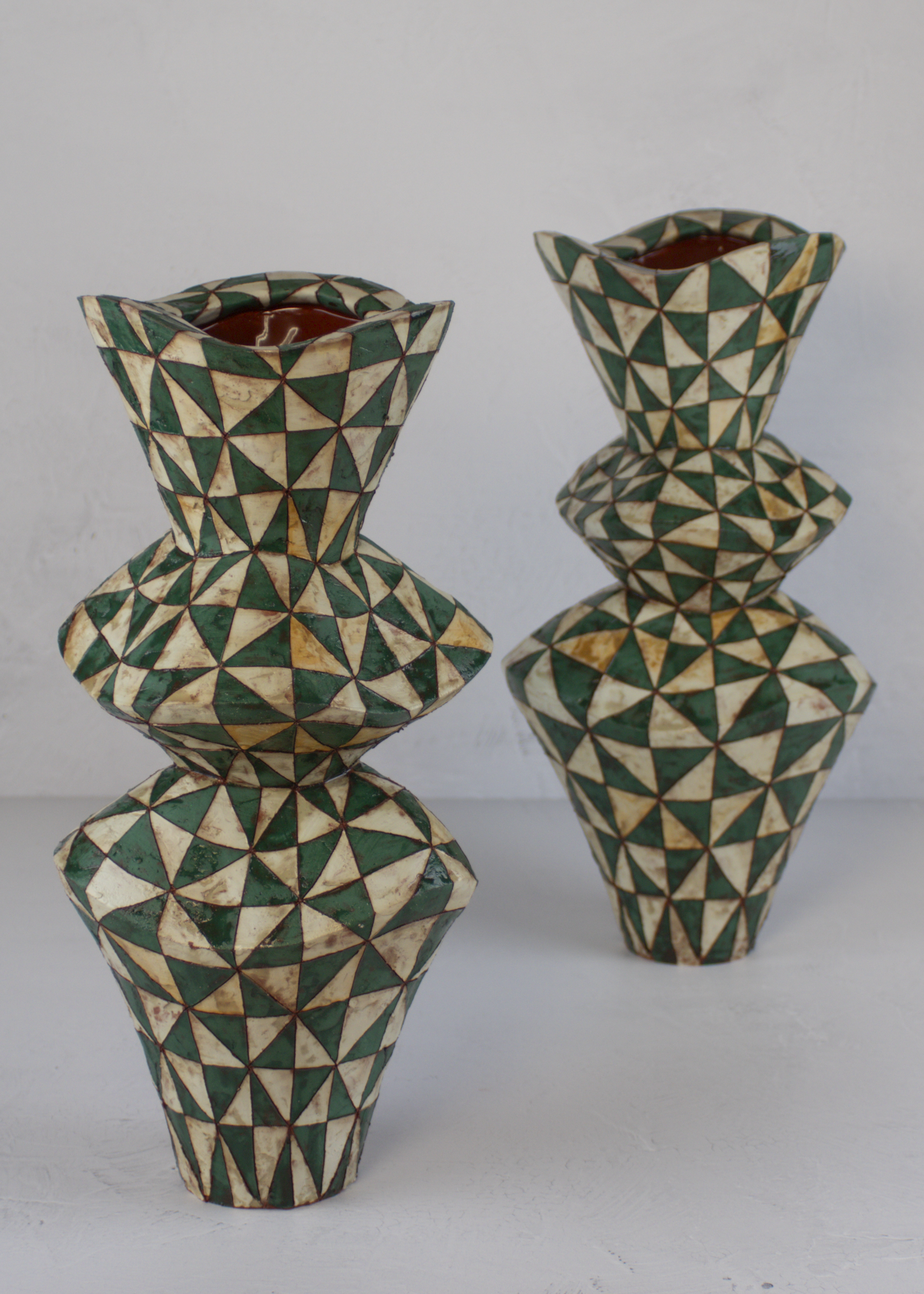 Vessels from IN COMMON, IN CONTRAST installation, 15" x 7" x 7", Terra Cotta, Terra Sigillata, Underglaze, Glaze