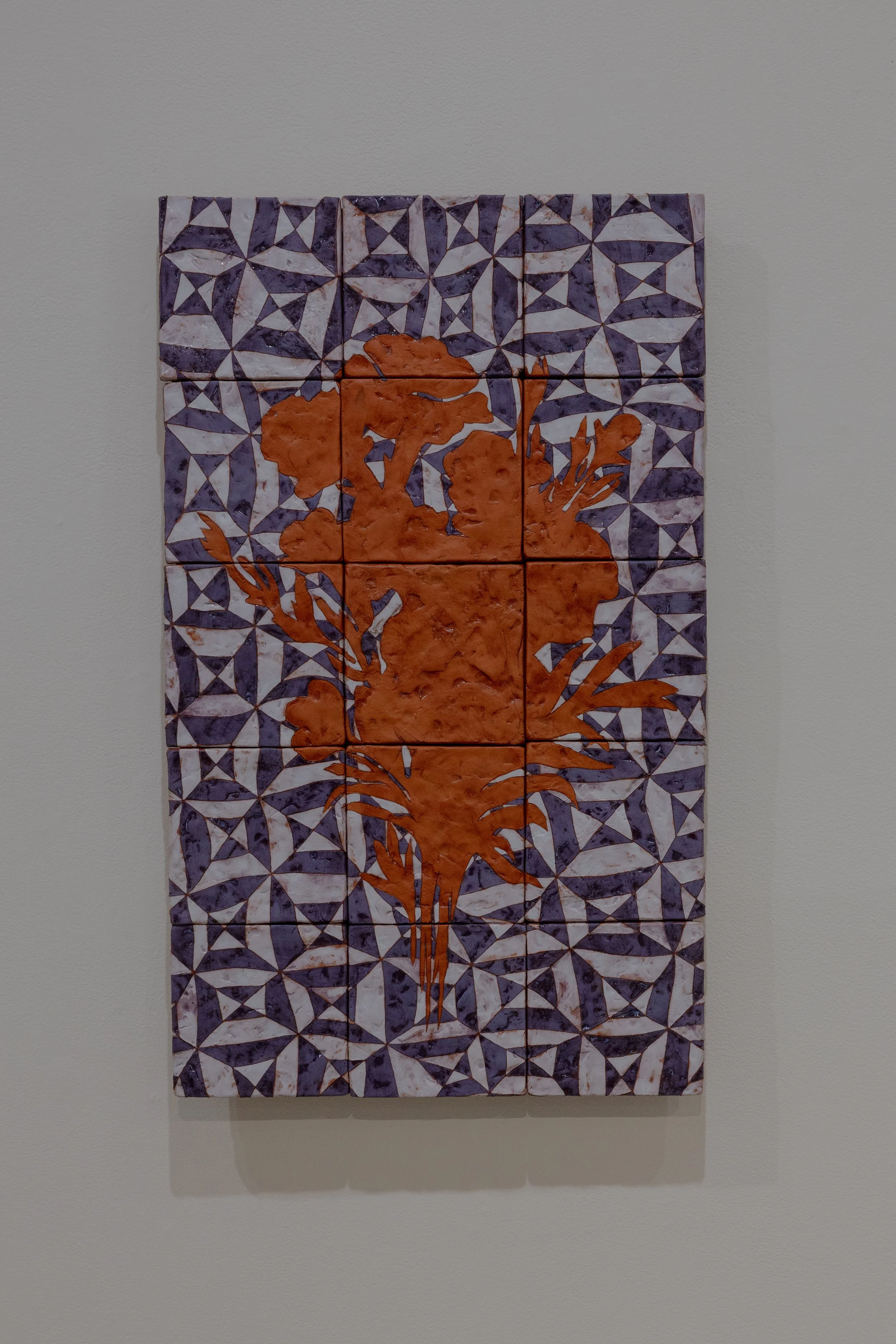 Tile Panel from The Arrangement No. 2, 29" x 17" x 2", Terra Cotta, Terra Sigillata, Underglaze, Glaze, Wood, Paint, Adhesive