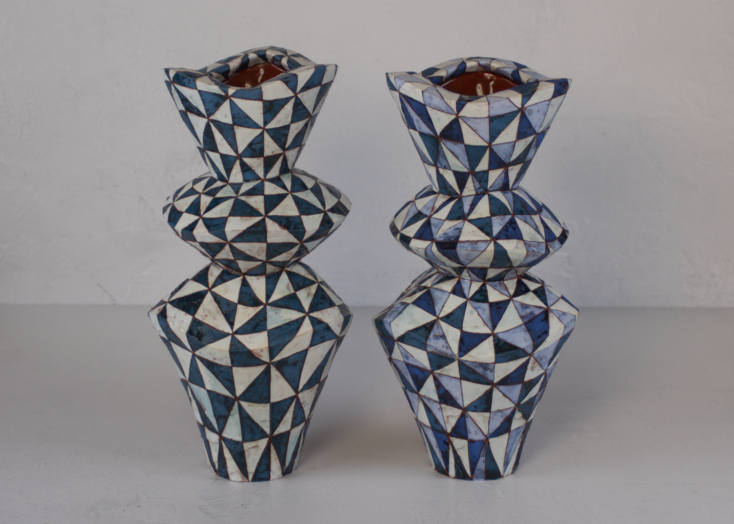Vessels from IN COMMON, IN CONTRAST installation, 15" x 7" x 7", Terra Cotta, Terra Sigillata, Underglaze, Glaze