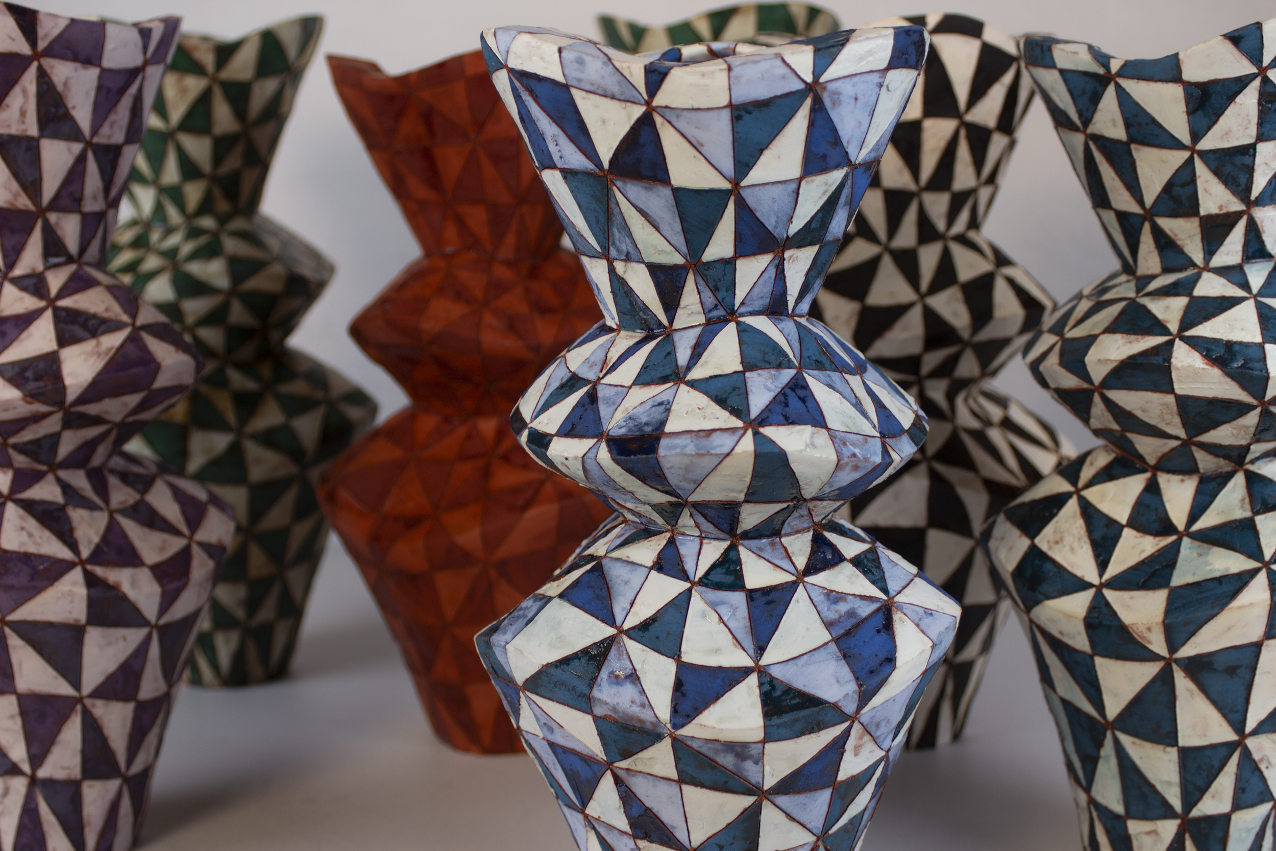 Vessels from IN COMMON, IN CONTRAST installation, 15" x 7" x 7", Terra Cotta, Terra Sigillata, Underglaze, Glaze