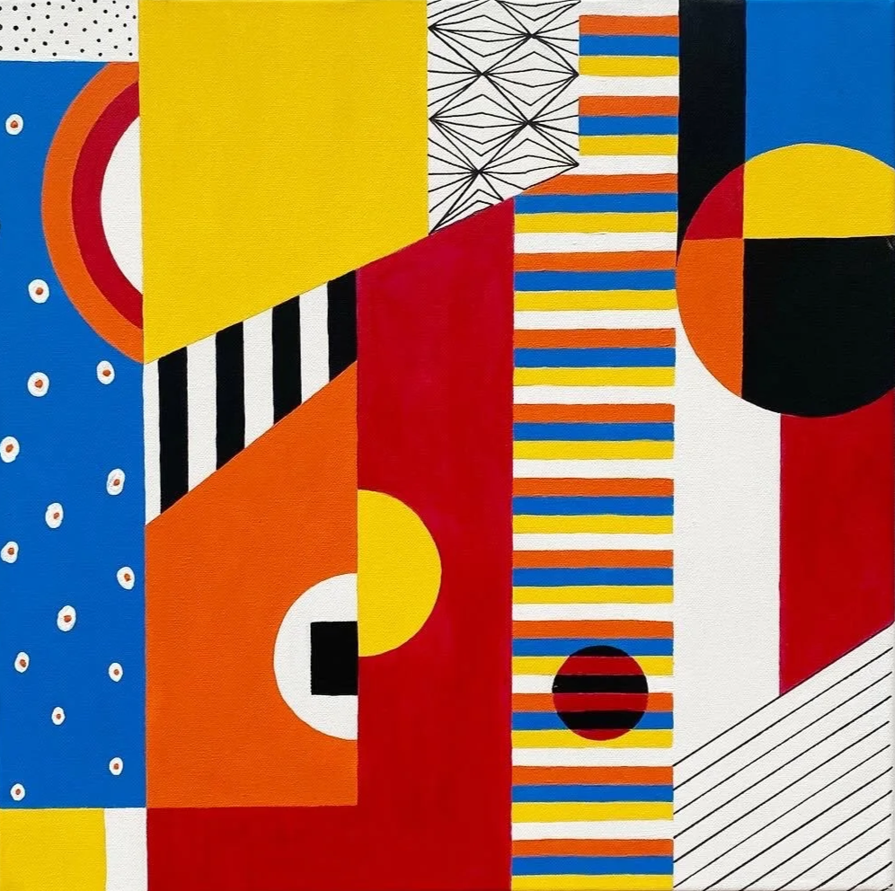 Une peinture géométrique abstraite composée de rectangles, cercles et lignes colorés, principalement en rouge, jaune, noir, blanc, bleu et orange, accrochée sur un mur blanc.